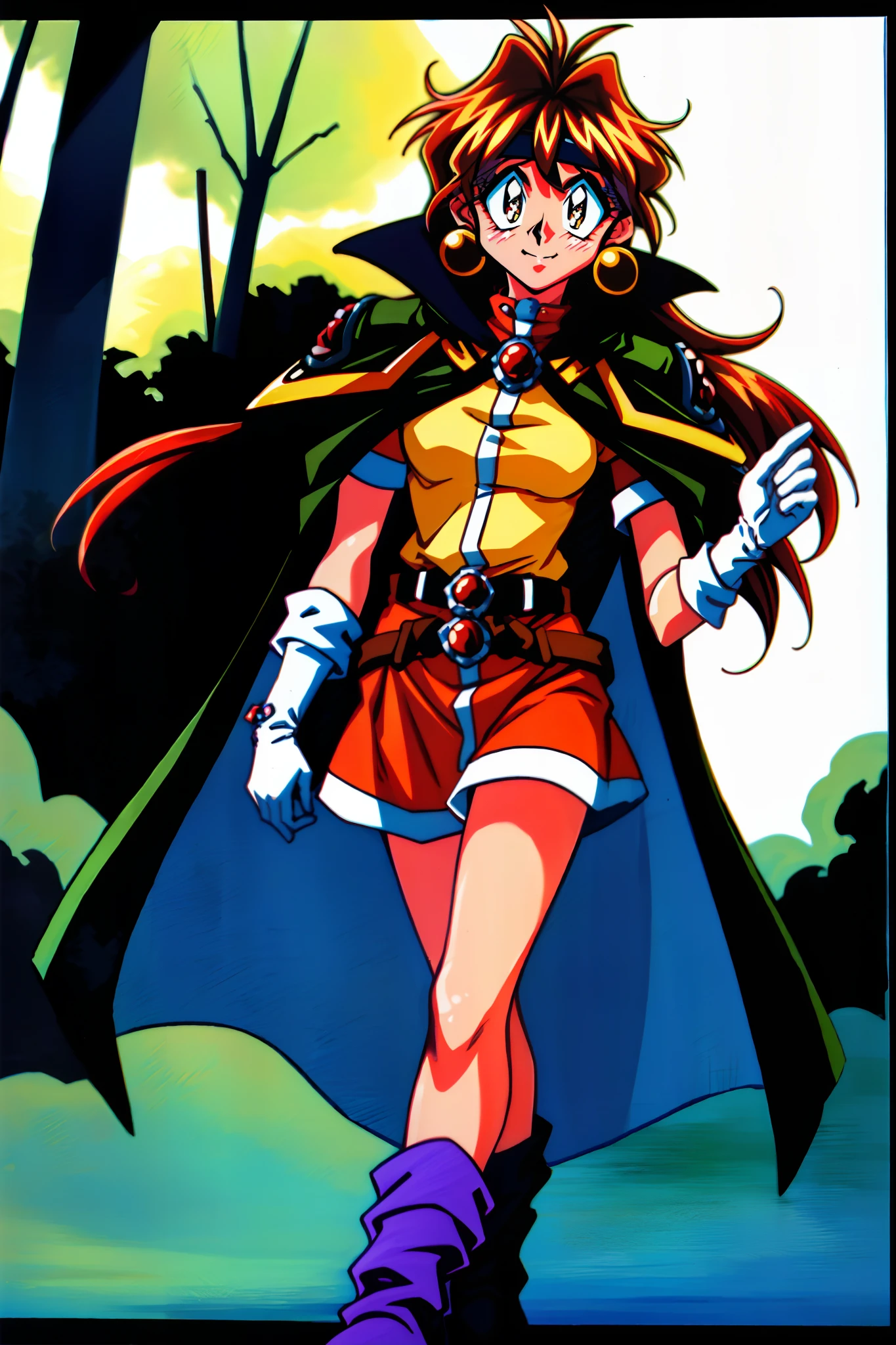 masterpiece, best quality, ultra-detailed, illustration, 1girl, 1990s \(style\), belt, boots, cape, earrings, gloves, headband, jewelry, lina inverse, long hair, pantyhose, red eyes, red hair, orange hair, retro artstyle, solo, traditional media,smiling,smile, standing, refsheet