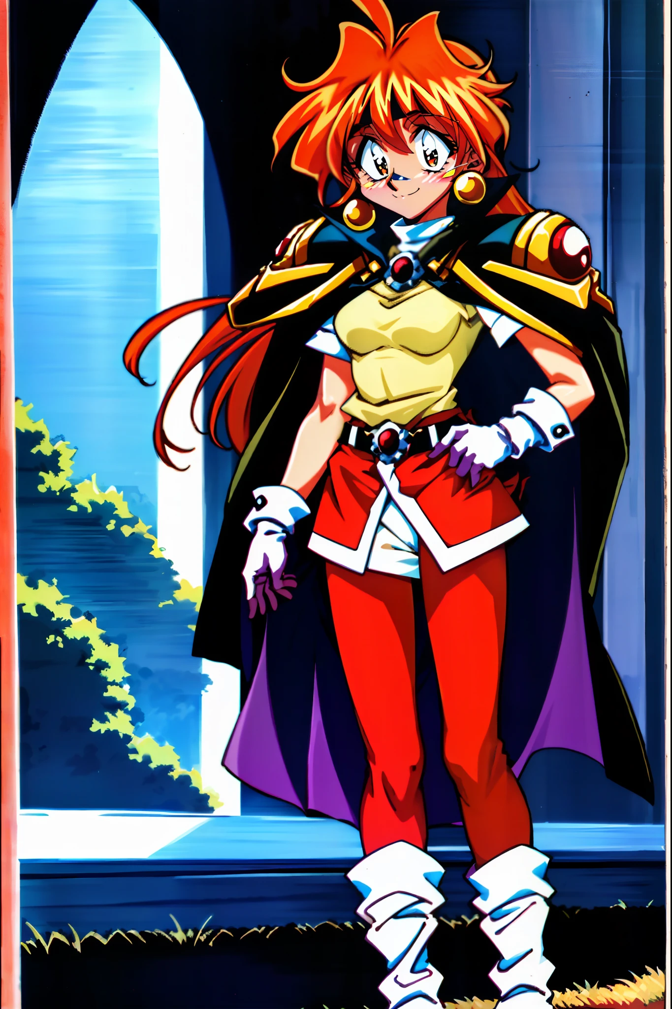 masterpiece, best quality, ultra-detailed, illustration, 1girl, 1990s \(style\), belt, boots, cape, earrings, gloves, headband, jewelry, lina inverse, long hair, pantyhose, red eyes, red hair, orange hair, retro artstyle, solo, traditional media,smiling,smile, standing, refsheet