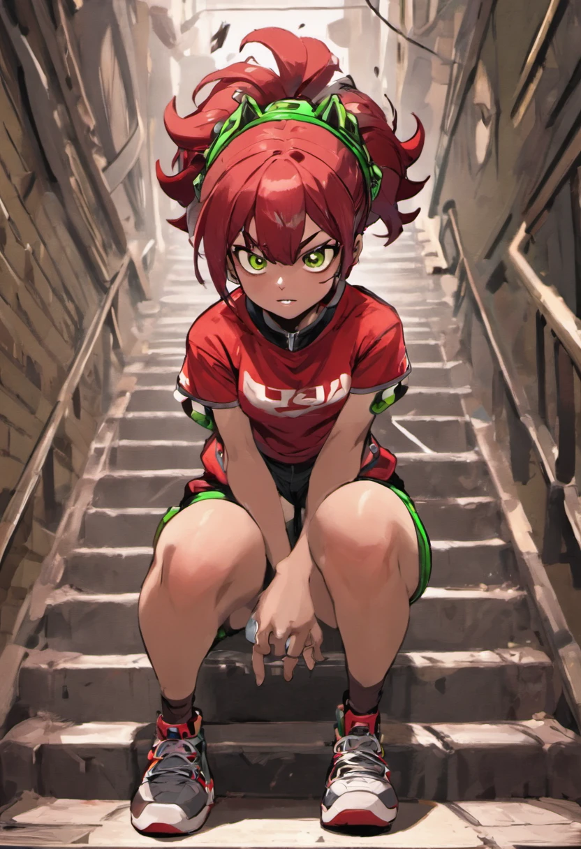 boa qualidade, personagem adolescente, cor de pele vermelha, chifre, eles , perna, Sitting on the stairs short hair tied back, olhos verdes,
