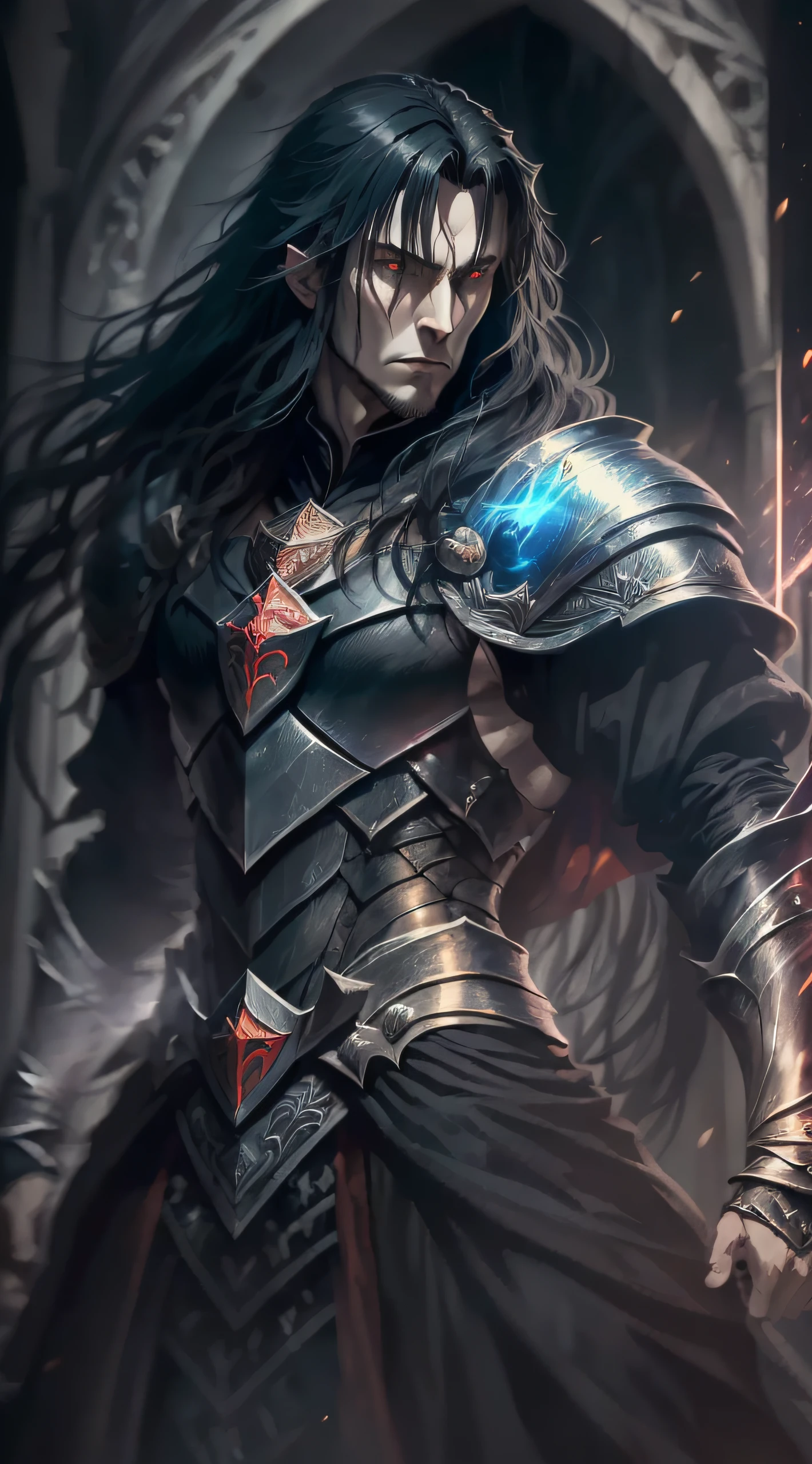 Mordred evil lord with long black hair wearing black , dark muscular male evil lord with long black hair wearing black and king Arthur (Masterpiece:1.2), (Best Quality), Detailed, UHD, sharp focus, (illustration:1.1), intricate fighting pose