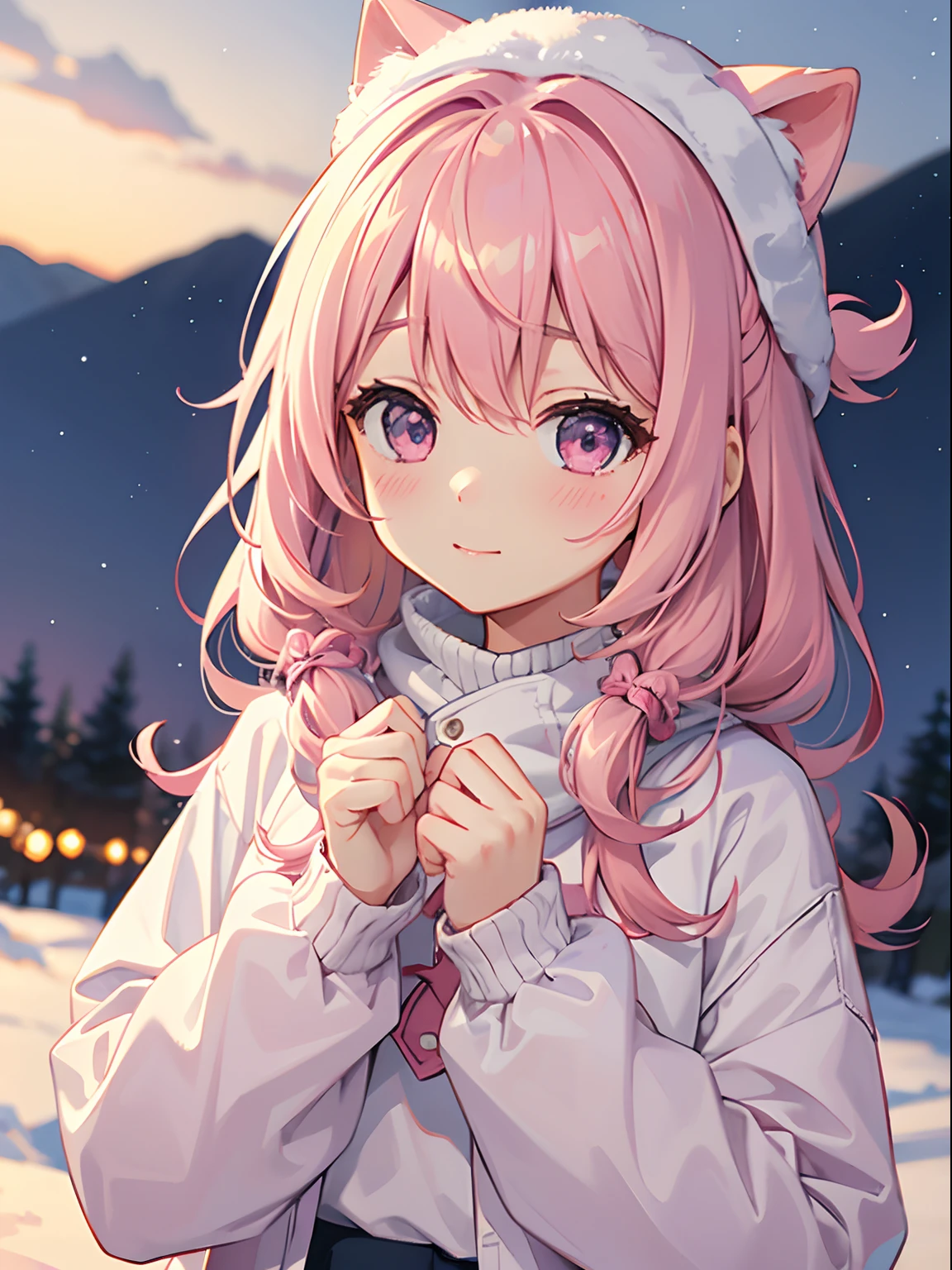 One girl、Pink hair、PastelColors、Cute、blush, tiny chest, winter, outdoors, night, starry sky, warm clothes