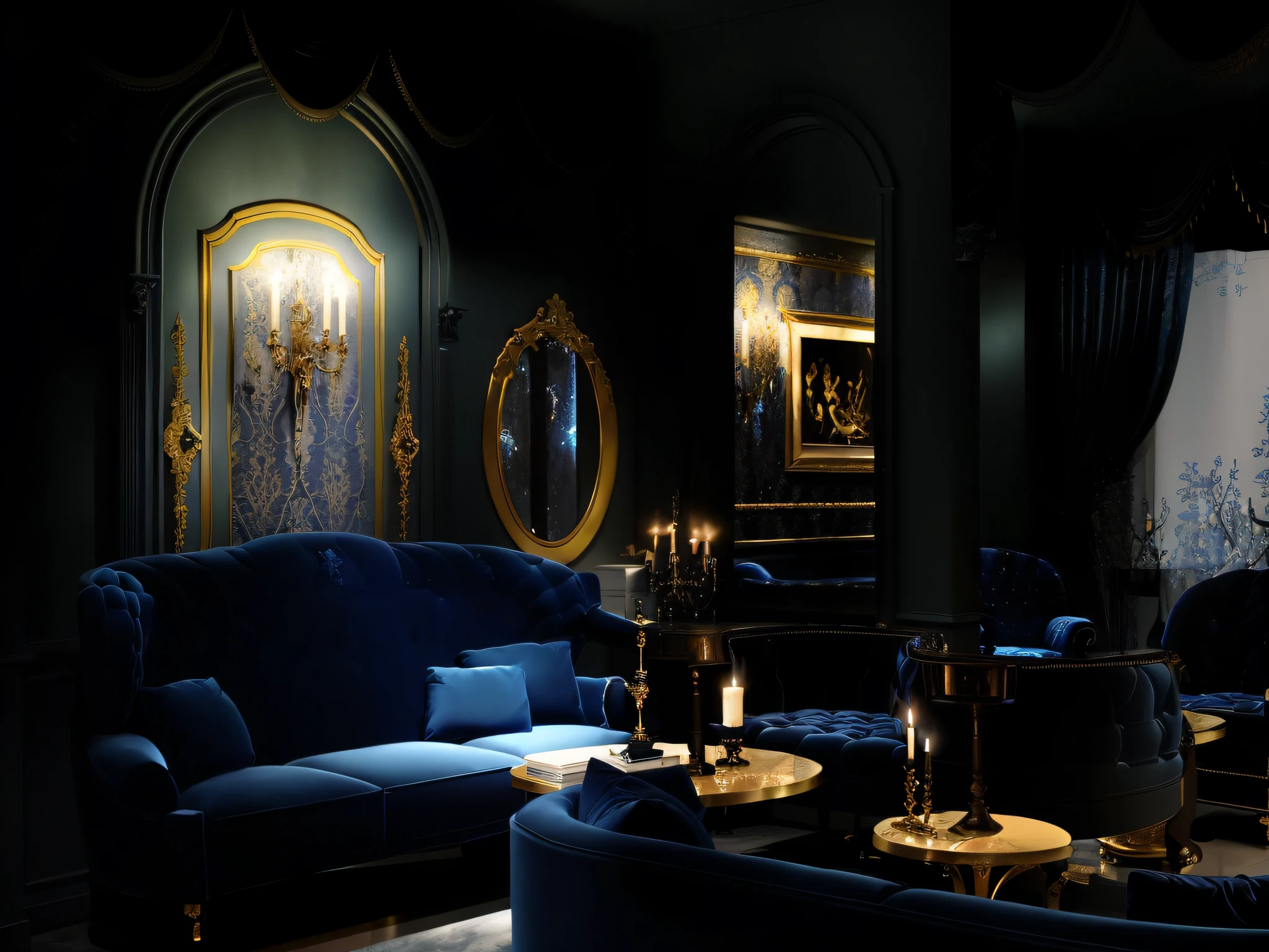there is a blue couch and a blue chair in a room, dimly lit interior room, dramatic lighting render, blue room, gentleman's club lounge, dark interior, baroque marble and gold in space, dark classic interior, inspired by Emilio Grau Sala, cinematic mood lighting, cinematic lighting + masterpiece, luxurious environment, lounge background, by Dietmar Damerau