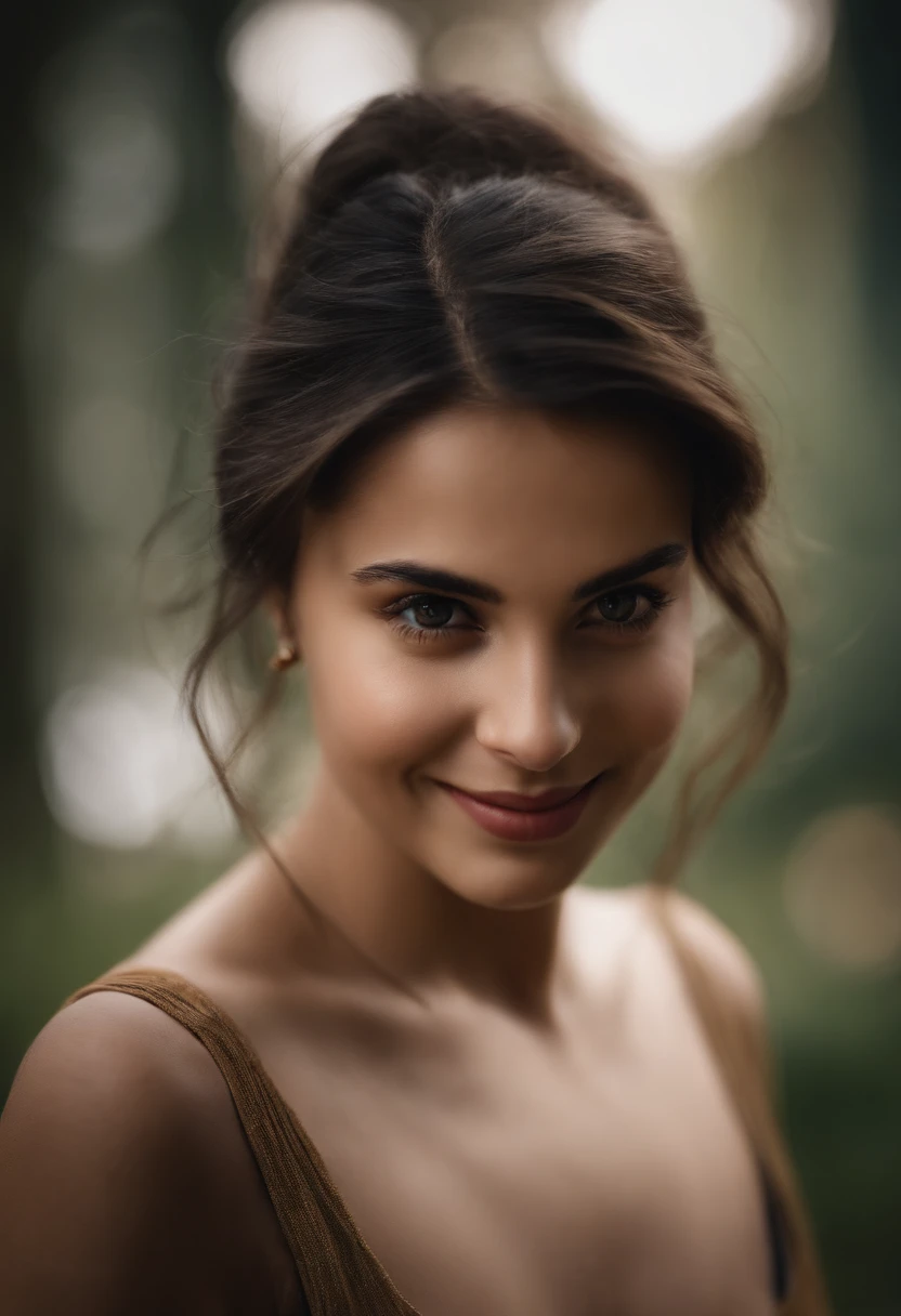 Capture a medium shot photograph of a girl. In this scene, girl has a fair complexion with hazel eyes. Her facial structure is slender with full lips. She has a very small black spot below her right eye. Her eyelashes are thick with slender eyebrows. She has a thin button nose with an oblong face. She should wear a scarf around her head and her hair should not be visible at all. She has a smile on her face.Techniques: Insanely detailed, 4k, hyper-realistic photography, cinematic, photo, high contrast, Screen Space Reflections, in focus, sharp focus