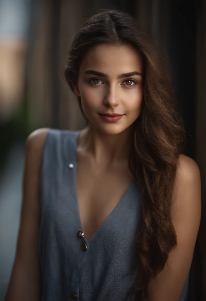 A woman with long hair and a blue dress posing for a picture - SeaArt AI