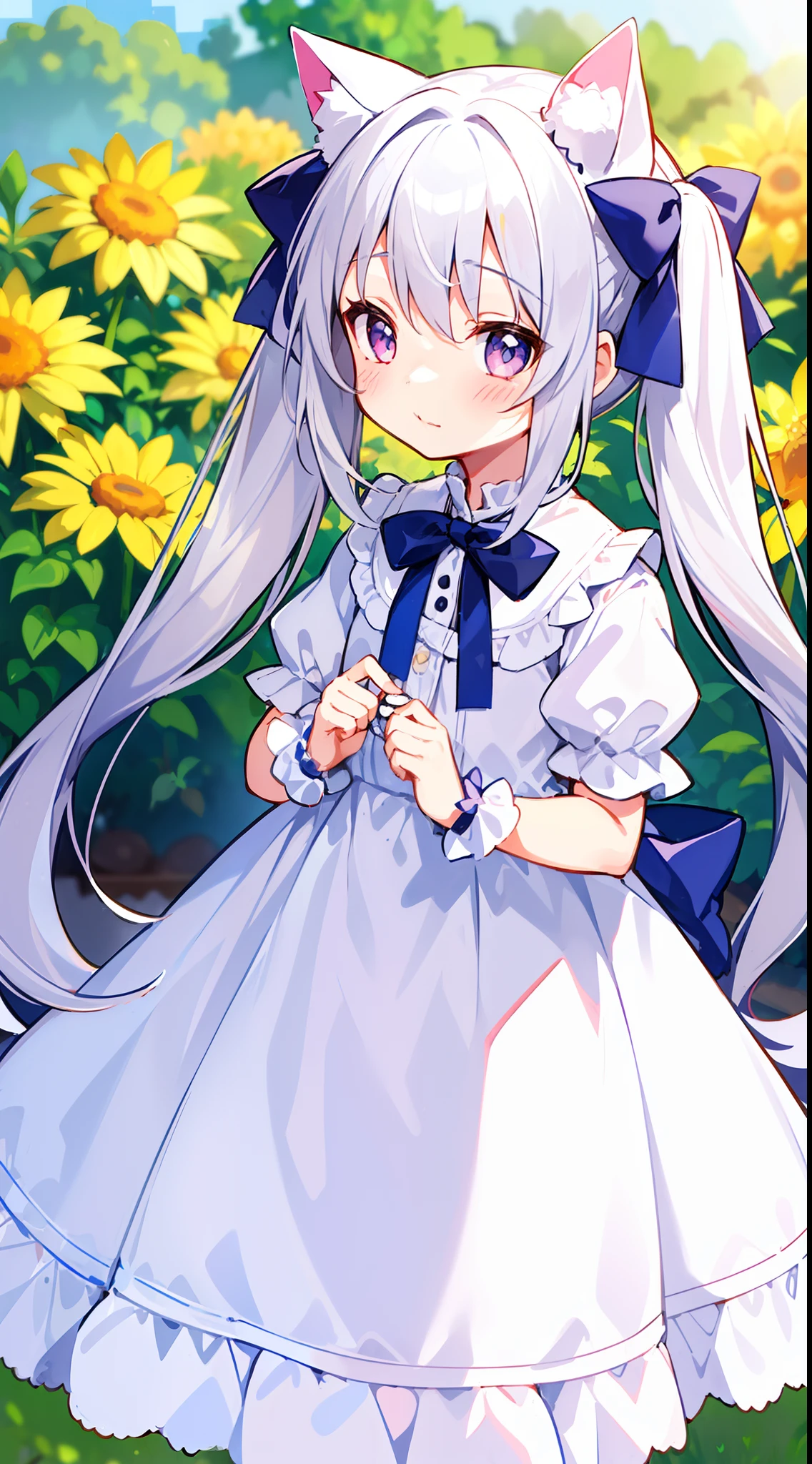 1girl,4 years old, blue little dress,white hair,long hair,gray eyes,cat ear,twintails hair,pink bow,((standing in a garden)),cowboy shot