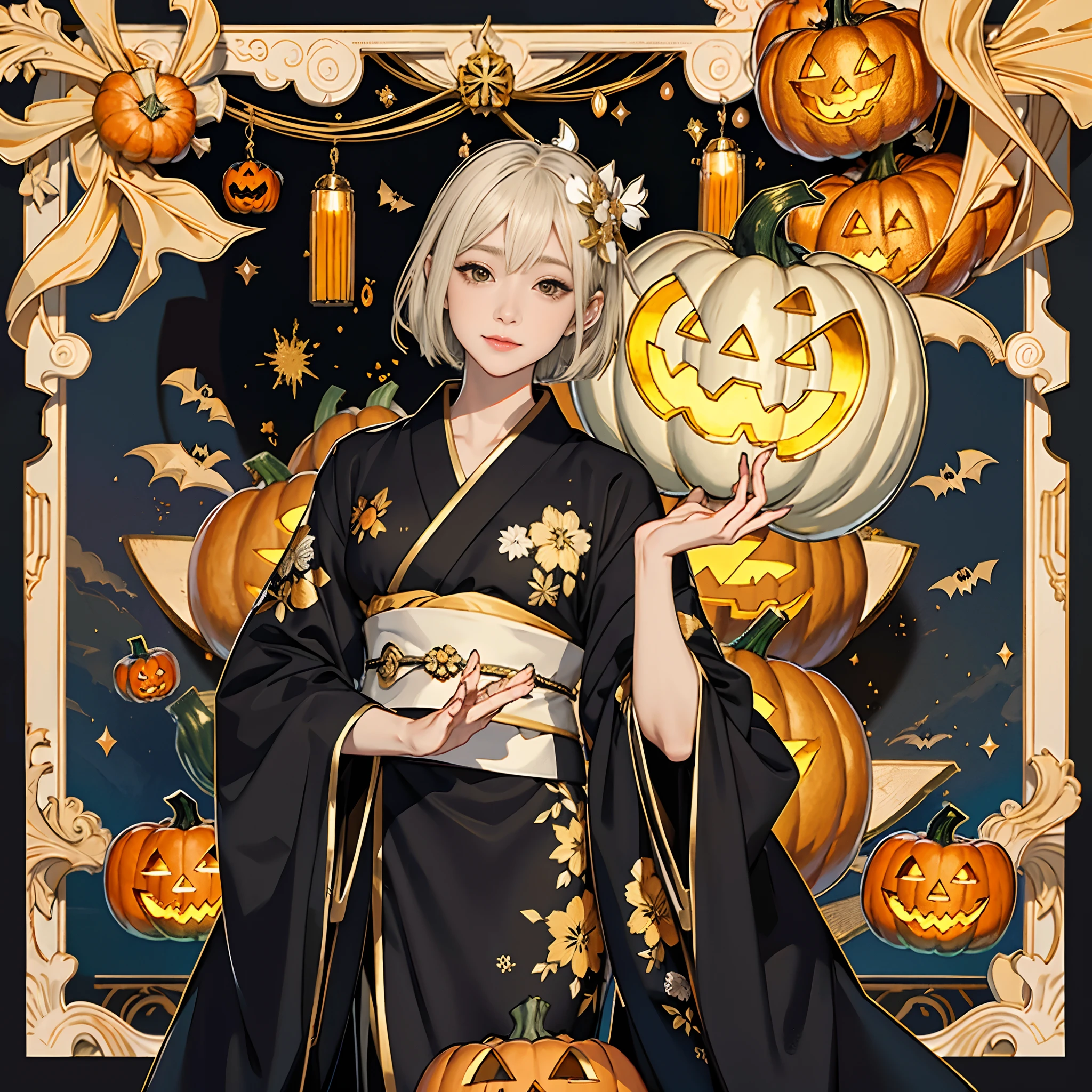 Background of details(Exploding Cities,halloween night),BREAK ,elaborate costume(Luxury kimono(Black kimono(detailed embroidery(blanche,golds)))),BREAK,(1 Beautiful and classy adult woman(Shy smile:1.2)(Japanese actressl:1.2)(A dark-haired(short-hair:1.2))),(eye glass:1.2),((magia(Pumpkin in the right hand)(おばけ in the left hand)召喚):1.5),BREAK,Wallpapers 16K,Blur the background,)(masutepiece,Best Quality,Portrait photos):1.5),full body Esbianす