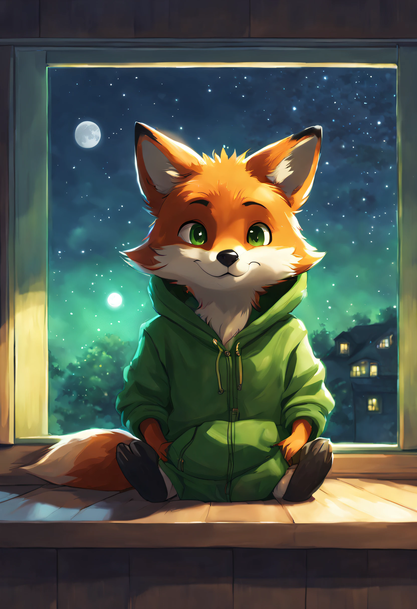 A cute little fox with green eyes and a green hoodie. The picture looks like the work of the Makoto Shinkai. A cute fox is sitting on the windowsill at night, the window shows the night landscape of the moon and star flights. Fox is far in the picture. Fox is small, lovely, cute and happy. Fox is small, high quality, cute and lovely image, high details, 8k image, fox have a green hoodie cinematic image