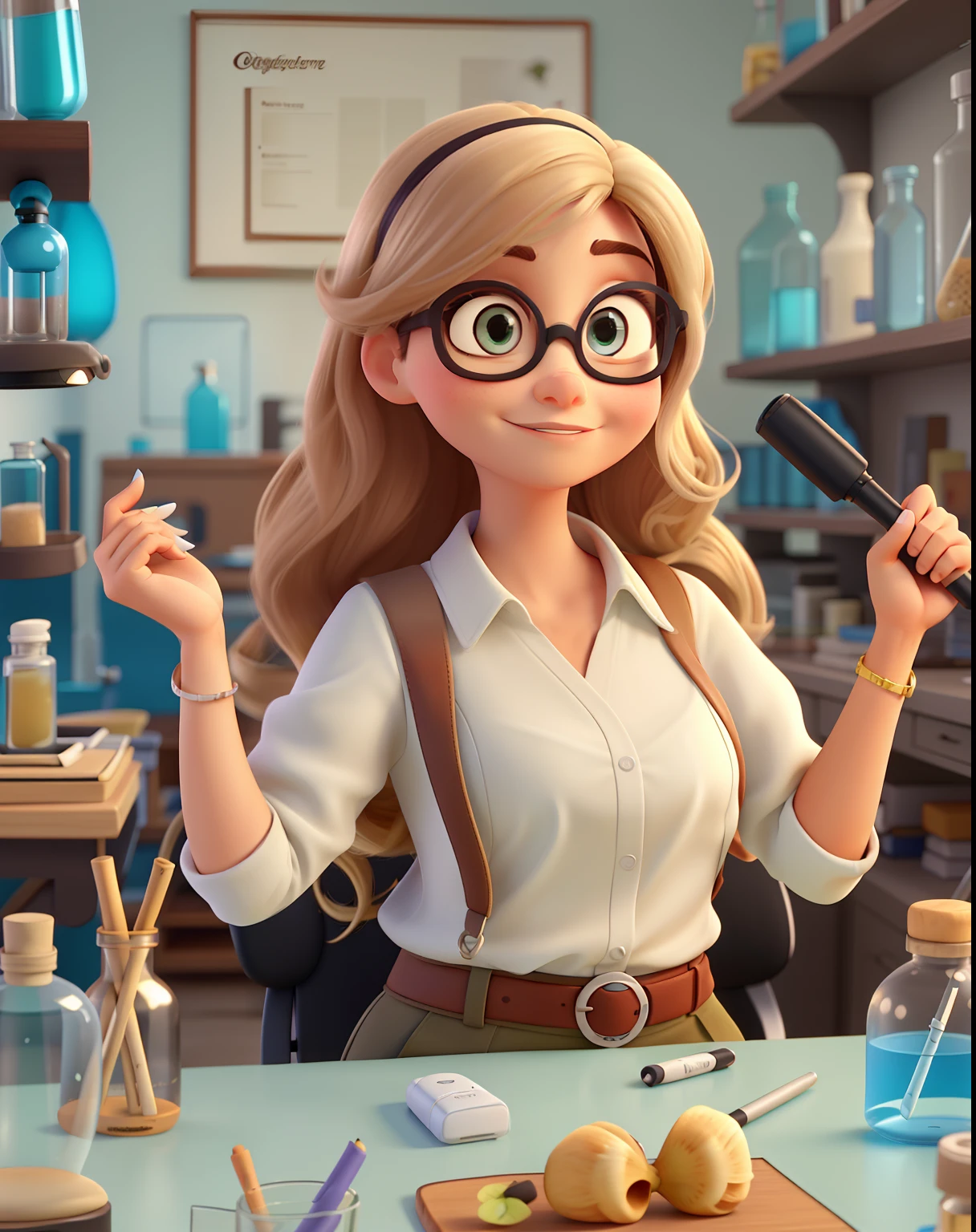 crie uma mulher estilo pixar, alto, Loire, Cabelos Longos, olhos castanhos,  oculos vermelho, Avental branco, Black shoe in laboratory environment