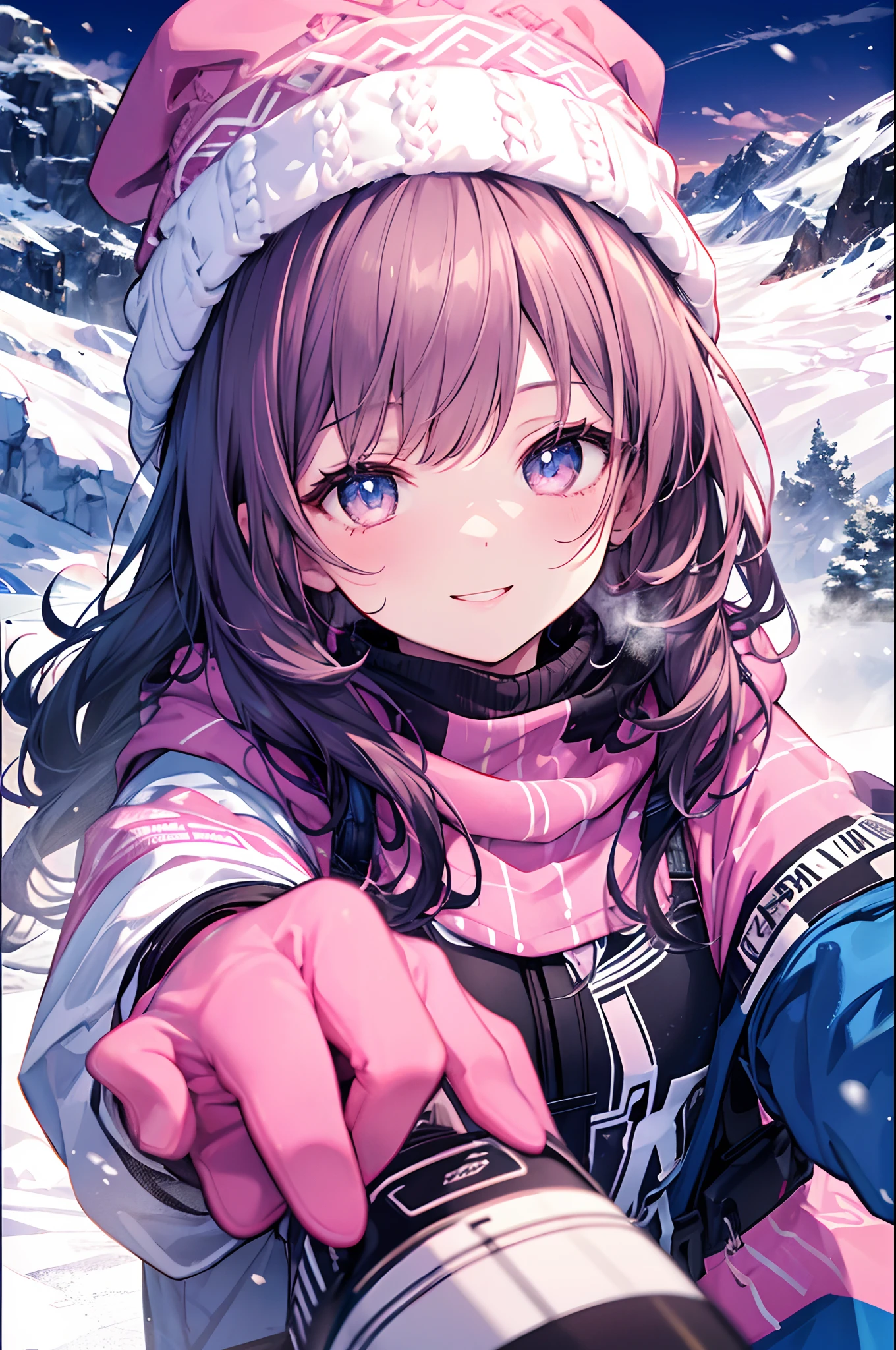 1womanl、Background of the slopes、Snowboard Wear、Snowboarding through snowy mountains、Pink knitted hat、Pink gloves on both hands、Happy smiling face、Ultra-detailed, finely detail, hight resolution, 8K picture quality, Perfect dynamic composition, Beautiful detailed eyes, Natural Lip、 Abstract facial expressions