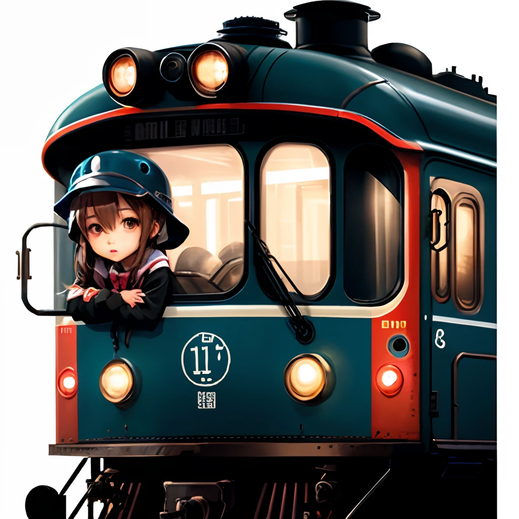 Cute girl and robot、Train motif、a sticker、simple background、light blu