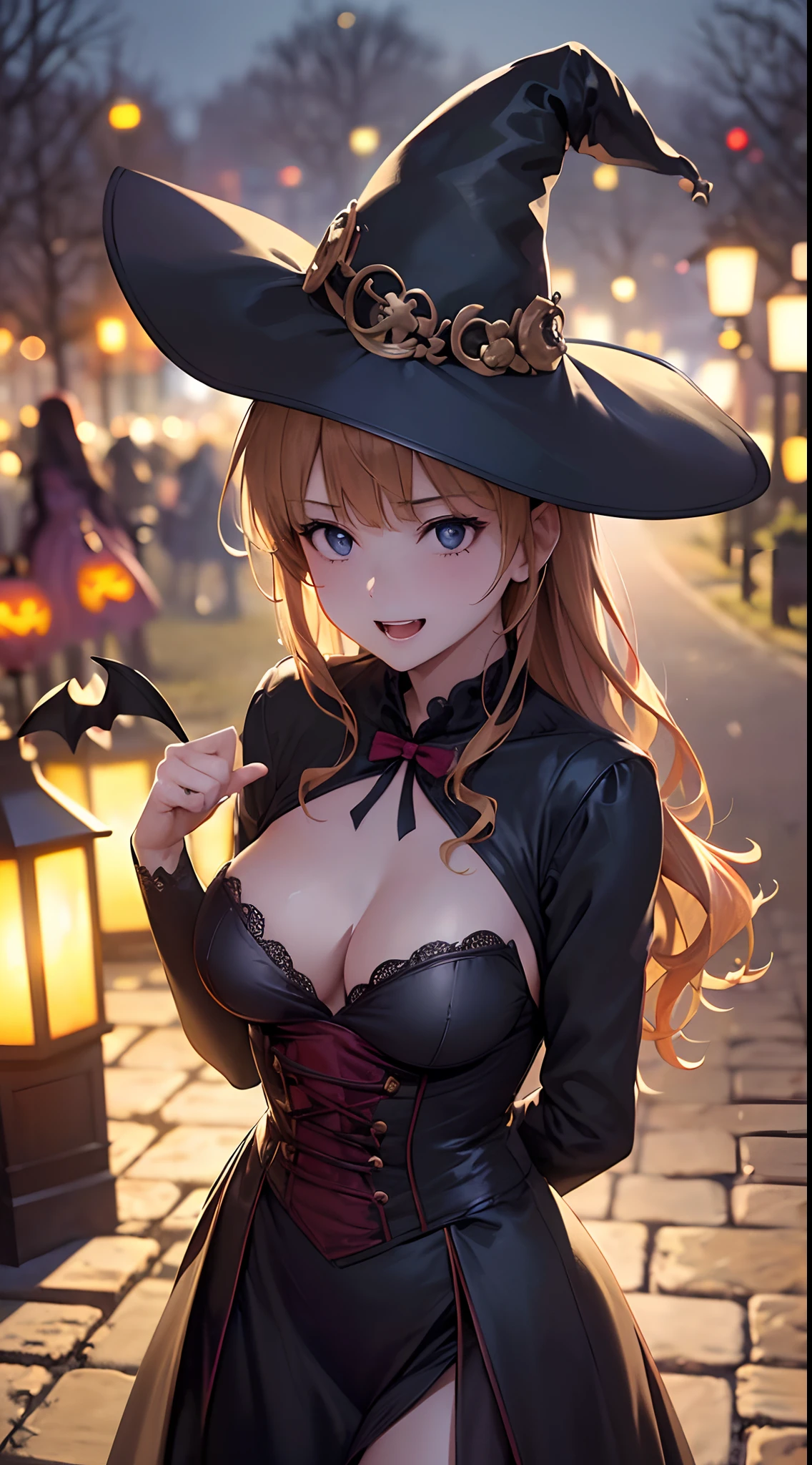 in group photograph, Two adult women(Rhizomuse:1.2, Hugging from behind), (2 females 2:1.2), cozy wallpaper, trick or treat, Halloween, jack-o-lanterns, ((Highly detailed witch costumes:1.2, robe, Witch's Pointing Hat:1.1)), (Vampire costume:1.2), ((Dark Light Medium Shorthair:1.25, Upstyle, Wavy Hair)), plein air, In the park at night, (Blurry background, Bokeh), (in night:1.2), ((Ultra High Resolution, 8k RAW photo, photographrealistic:1.2)), Fine detailed face, Beautiful detailed eyes, Super detailed smooth skin, (Looking away, Laughing, Surprising:1.2), ((SFW:1.25)), (Correct anatomy:1.5), (Dutch Angle, Wide Shot:1.3, From above),