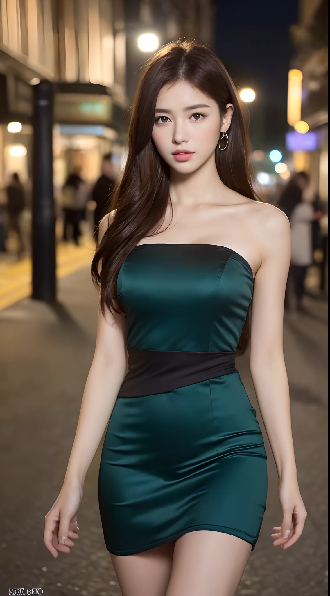 ((Realistic lighting, Best quality, 8K, Masterpiece: 1.3)), Focus: 1.2, 1girl, Perfect Body Beauty: 1.4, Slim Abs: 1.1, ((Dark Brown Hair)), (Aqua Dress: 1.4), (Outdoor, Night: 1.1), City Street, Super Fine Face, Fine Eyes, Double Eyelids,