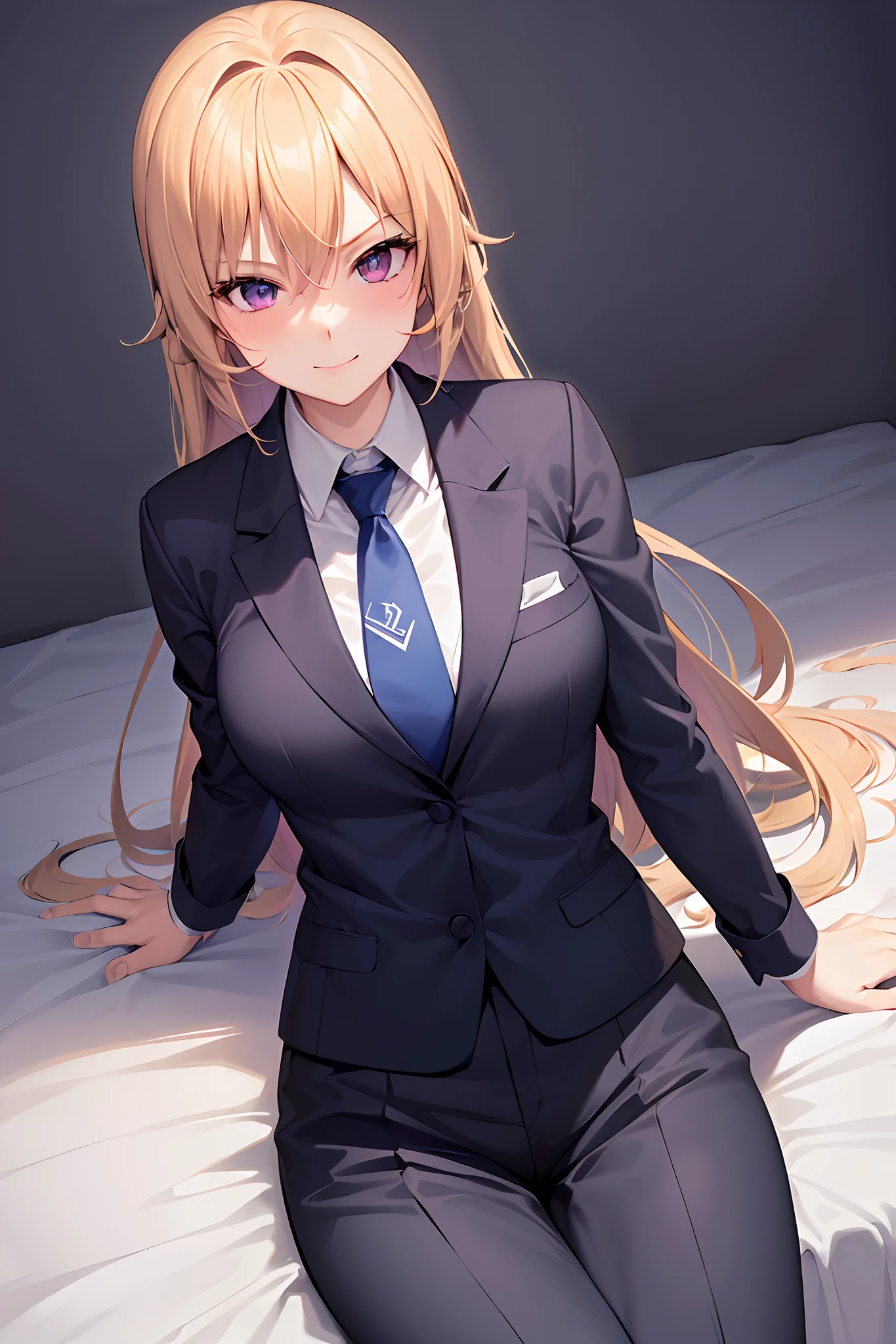 (Best Quality,4k,highres),A girl:1.1,blonde hair, chest,Wearing a tuxedo suit,Badass female, Smiling Skinny female figure,blue necktie,collared shirt, Spacious room background