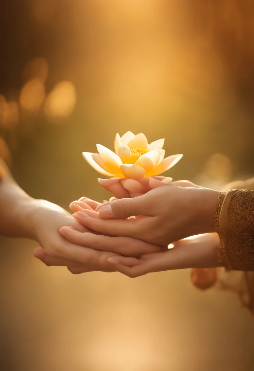 Generate an image of a pair of serene and compassionate healing hands, bathed in soft, warm light. The hands should be gently cradling a vibrant lotus flower, symbolizing the transformative power of touch and healing. The background should evoke a sense of tranquility and serenity, creating a visual representation of healing and well-being