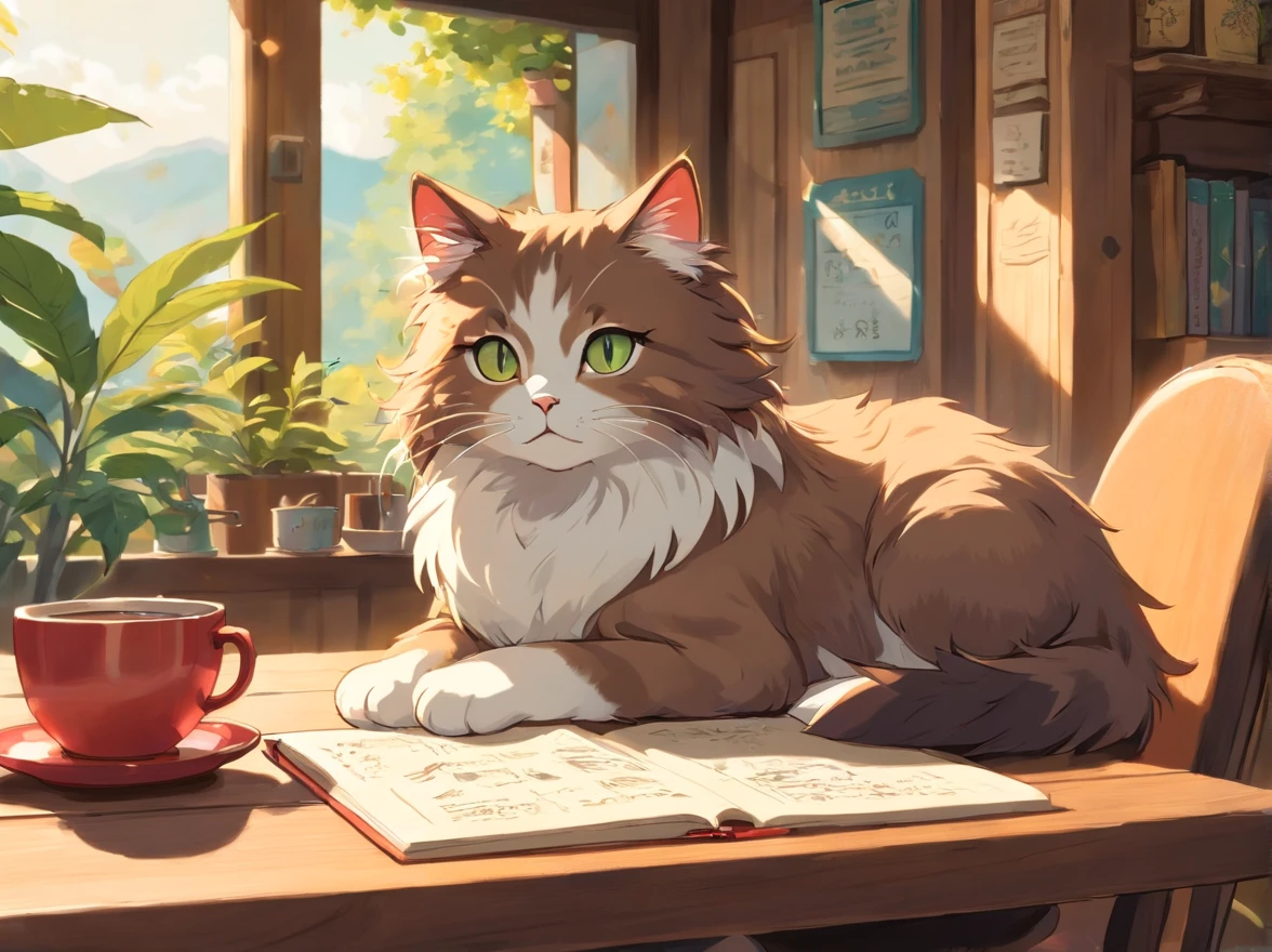 Draw an imaginative and empathetic Norwegian Forest Cat wearing a casual t-shirt and jeans. The cat is sitting in a cozy city cafe or park, deeply engrossed in writing poetry or sketching in its sketchbook. Around the cat, there's a cup of coffee and several literary books. The background displays the relaxed ambiance of the cafe or park with green plants and soothing ornaments. Ensure the image portrays the introspective, idealistic, and creative personality of the INFP. Focus on the cat's dreamy expression and the environment details that support its artistic activity.