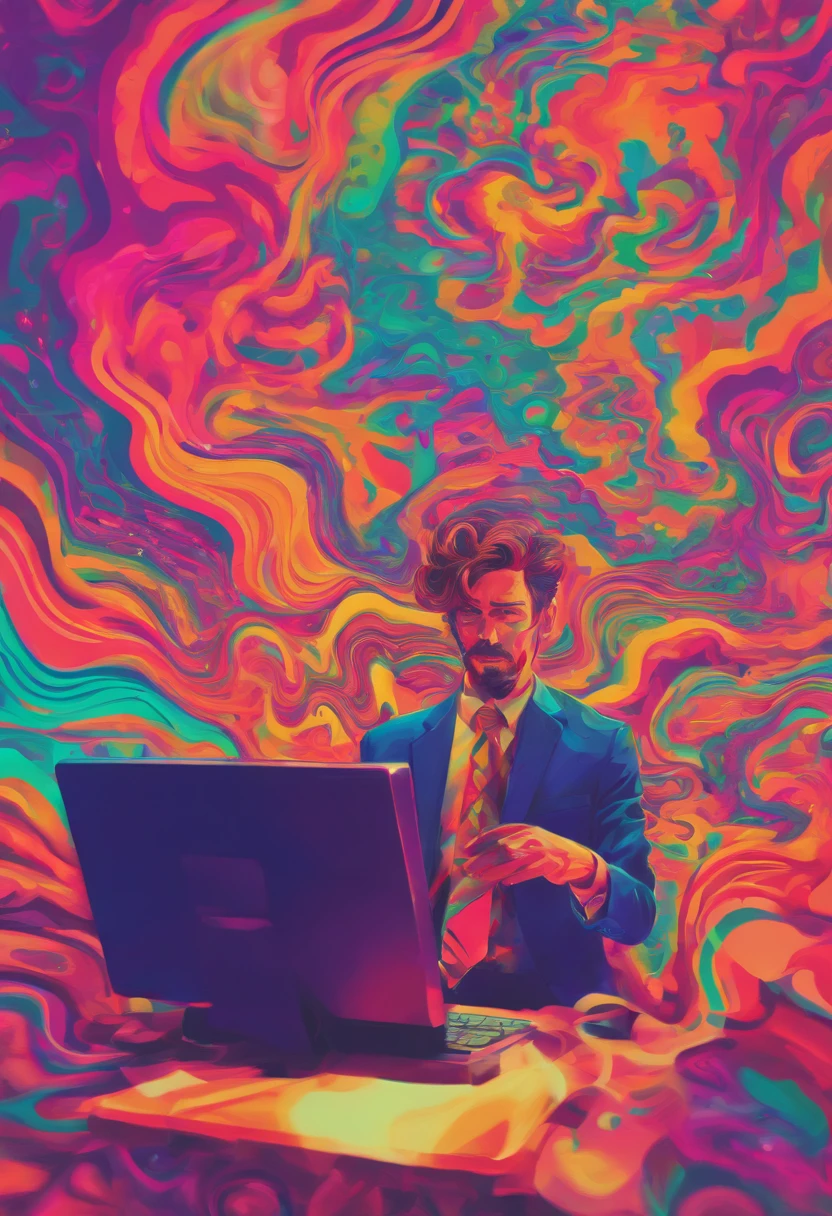 Man in suit playing computer , transgressive art, Sharp Focus, 8 K, Octane Render , Saturated colors, Pastel colors