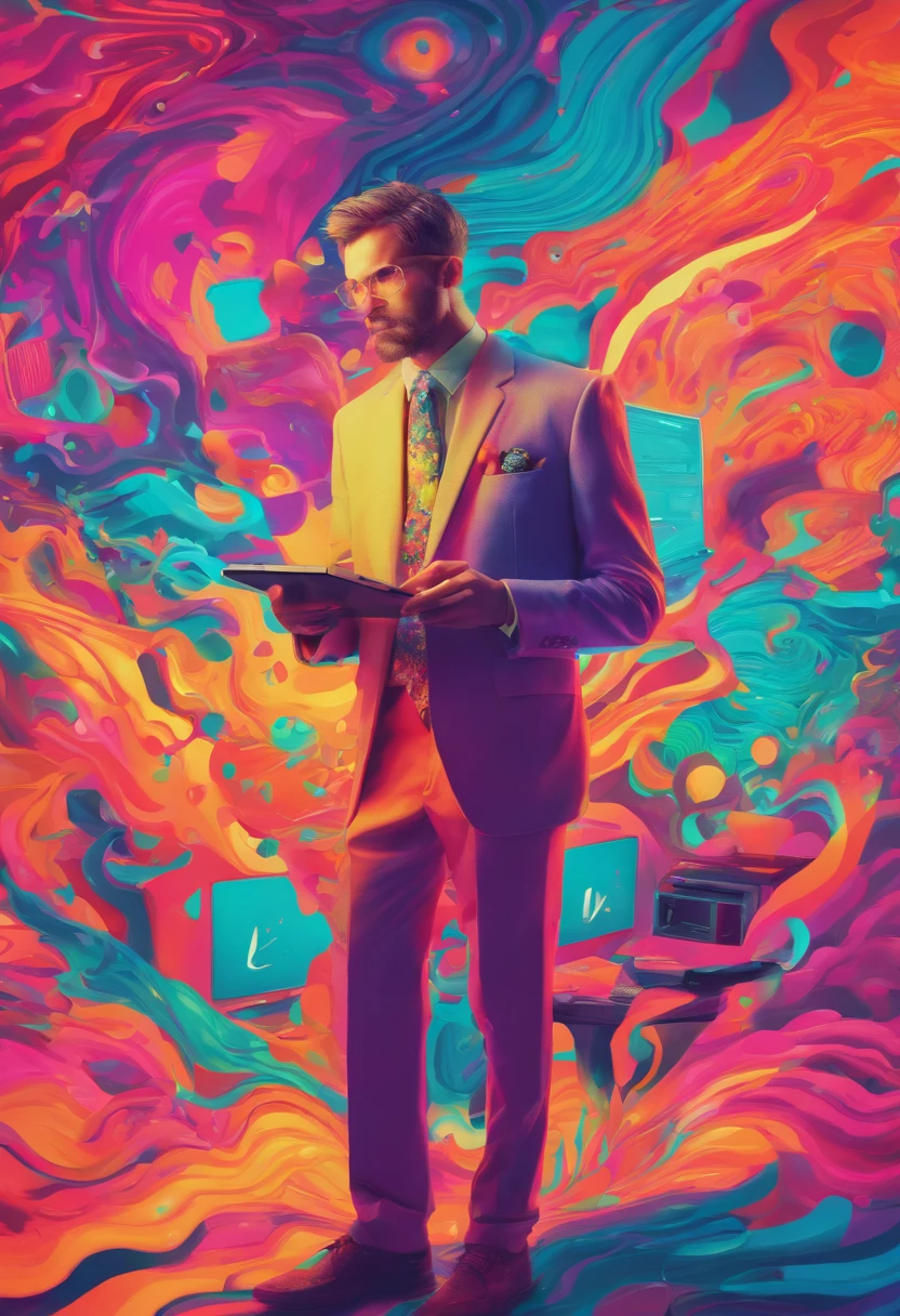 Man in suit playing computer , transgressive art, Sharp Focus, 8 K, Octane Render , Saturated colors, Pastel colors