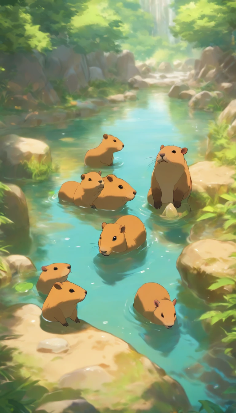 many capybaras in a natural hot spring,illustration,warm water,relaxing atmosphere,playful expressions,and interactions between capybaras,high resolution,ultra-detailed,realistic colors,soft lighting,wonderful outdoors,Idyllic scenery,peaceful ambiance,amazing wildlife,sparkling water,sunny day,lush greenery,abundance of rocks,shimmering reflections,refreshing environment,tranquil surroundings,harmony with nature