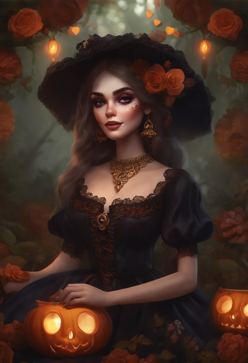 text “EMILIA” name under cute catrina doll with cute smile sitting with flowers, skulls and jack lanterns and hearts, painting, fashion, illustration, anime, typography, 3d render, dark fantasy