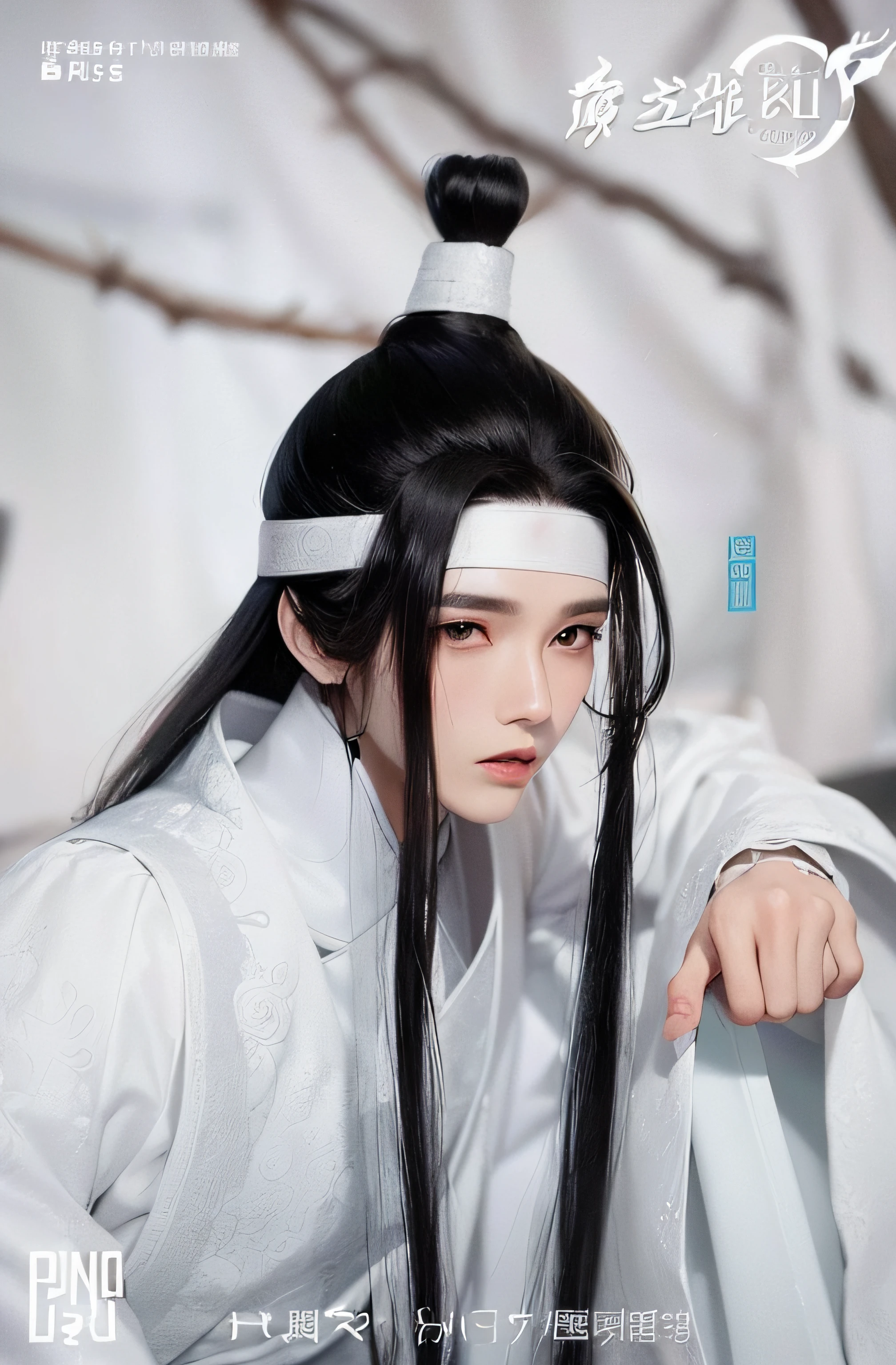 a close up of a person wearing a white dress and a black hat, detailed image, white hanfu, cai xukun, hanfu, heise jinyao, inspired by Wu Daozi, flowing hair and long robes, inspired by Bian Shoumin, inspired by Guan Daosheng, inspired by Hong Ren, zhao yun, with white long hair