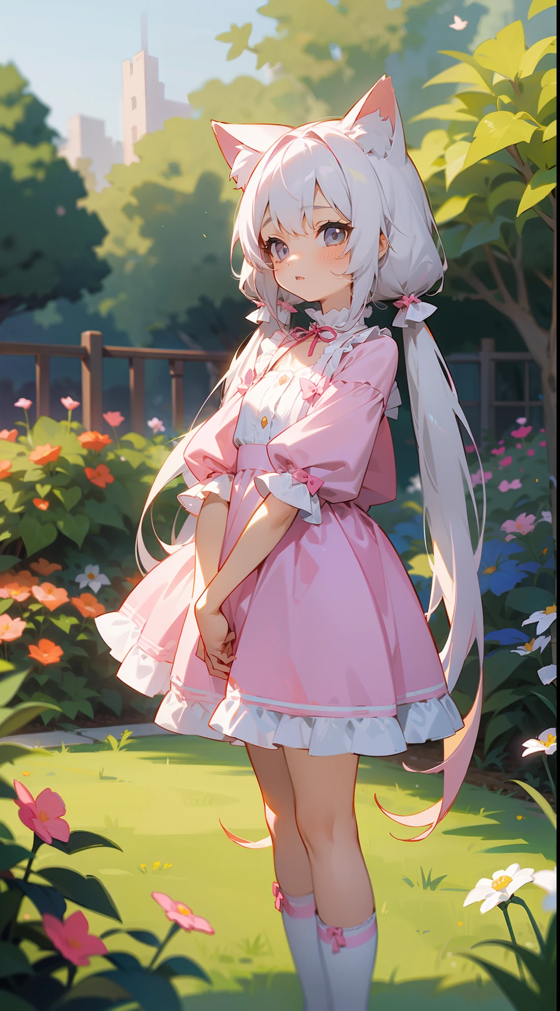 Anime girl in pink dress with cat ears and tail - SeaArt AI