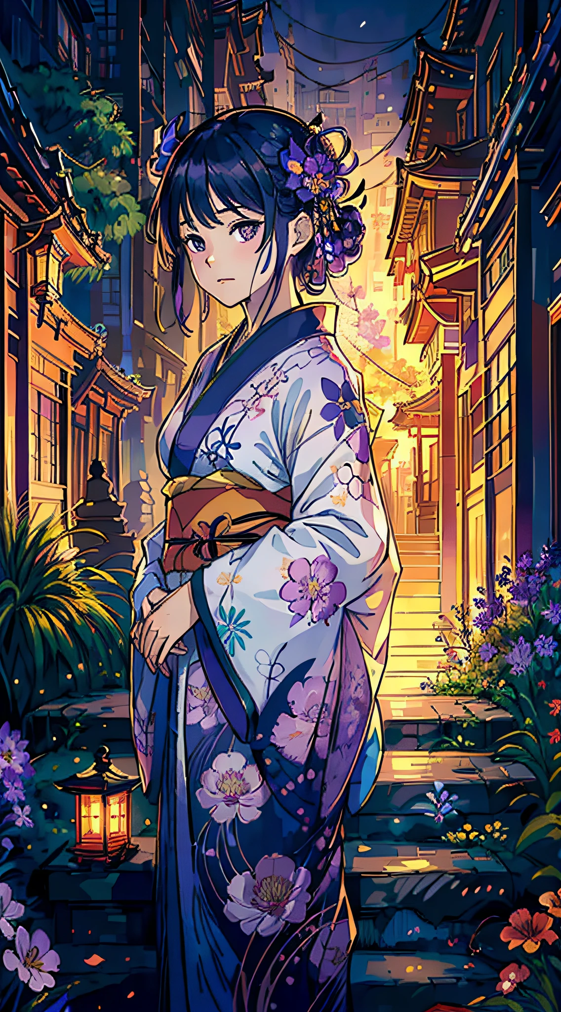 (Cinematic Digital Artwork:1.3) of (Masterpiece:1.3),(Sad:1.3) 1girl, solo, from above, \(purple flowers\), aesthetic, intricate, best quality, detailed background, Homura Akemi, ((\girl wearing a patterned purple kimono:1.2\)), \(sitting in garden\), casual pose, detailed textures, posing, floral print, hair flower, hair ornament, japanese clothes, kimono, obi, outdoors, pagoda, petals, purple kimono, sash, shrine, sky, stone stairs, torii, wide sleeves, yukata,(by Artist Andre Masson:1.3),CGSociety,ArtStation,(Colorful:1.3)