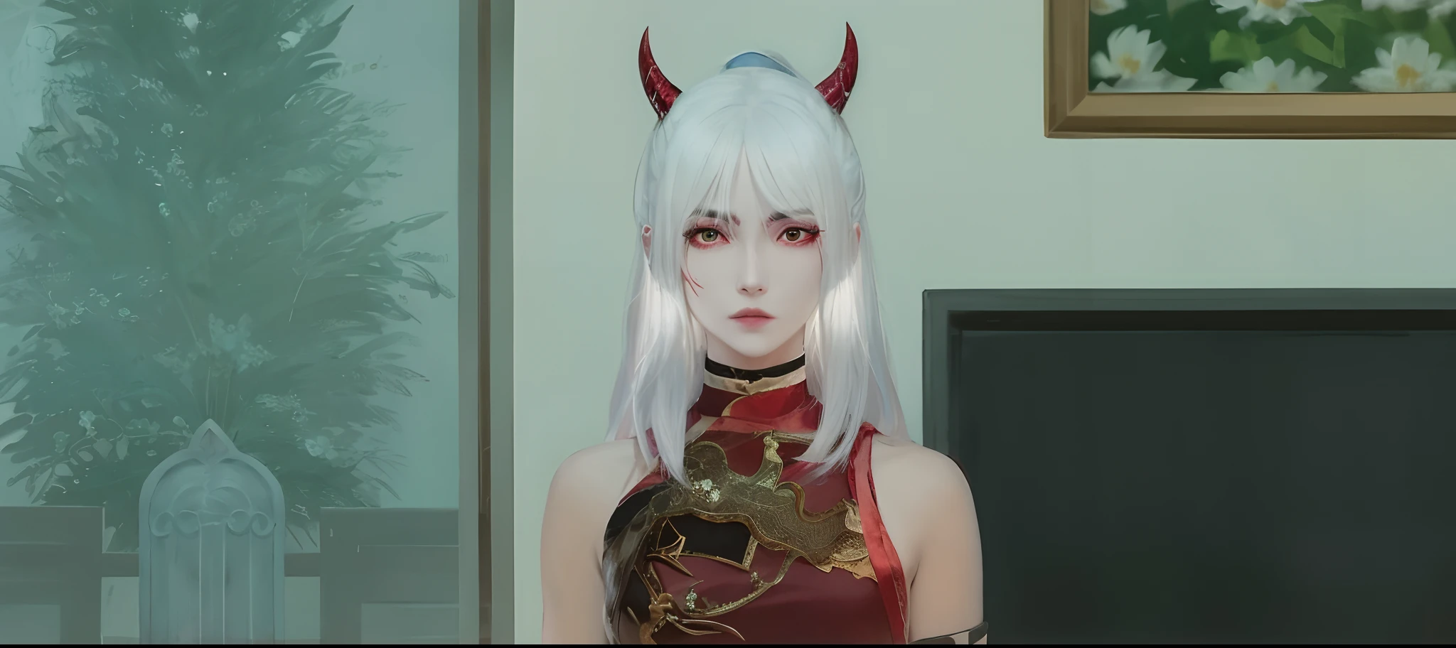 there is a woman with white hair and horns on her head, inspired by Sim Sa-jeong, white horns queen demon, inspired by Hong Ren, inspired by Ren Xiong, full body xianxia, loong, white hime cut hairstyle, kanliu666, inspired by Dai Xi, silver hair (ponytail), white haired deity, inspired by Pu Hua