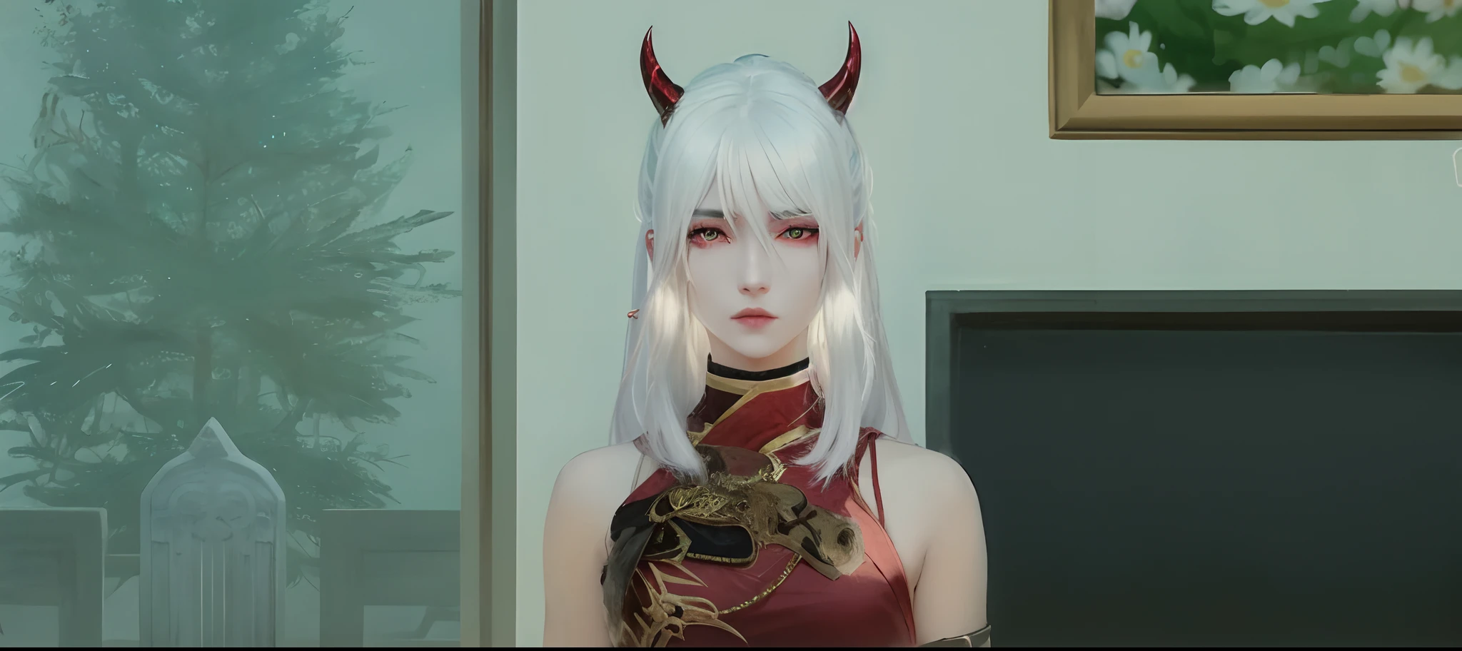 there is a woman with white hair and horns on her head, inspired by Sim Sa-jeong, white horns queen demon, inspired by Hong Ren, inspired by Ren Xiong, full body xianxia, loong, white hime cut hairstyle, kanliu666, inspired by Dai Xi, silver hair (ponytail), white haired deity, inspired by Pu Hua