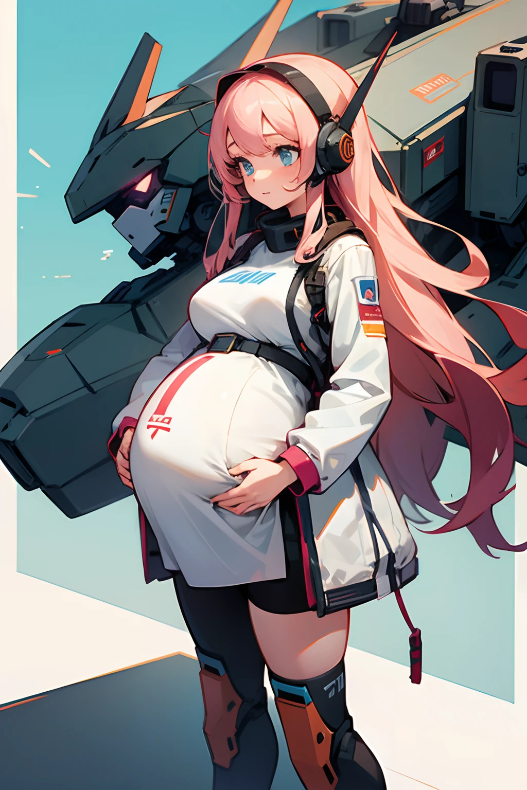 1girl, long hair, mecha girl, headset, pregnant