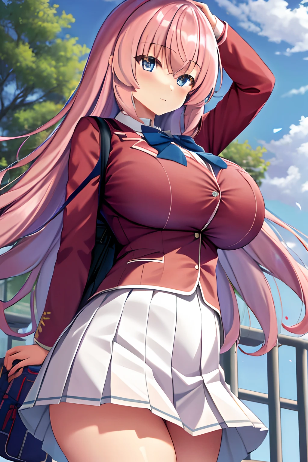 Big tits, masterpiece, best quality, highres, 1girl, ichinose honami, white skirt, school bag, upperbody, floating hair, at school yard,