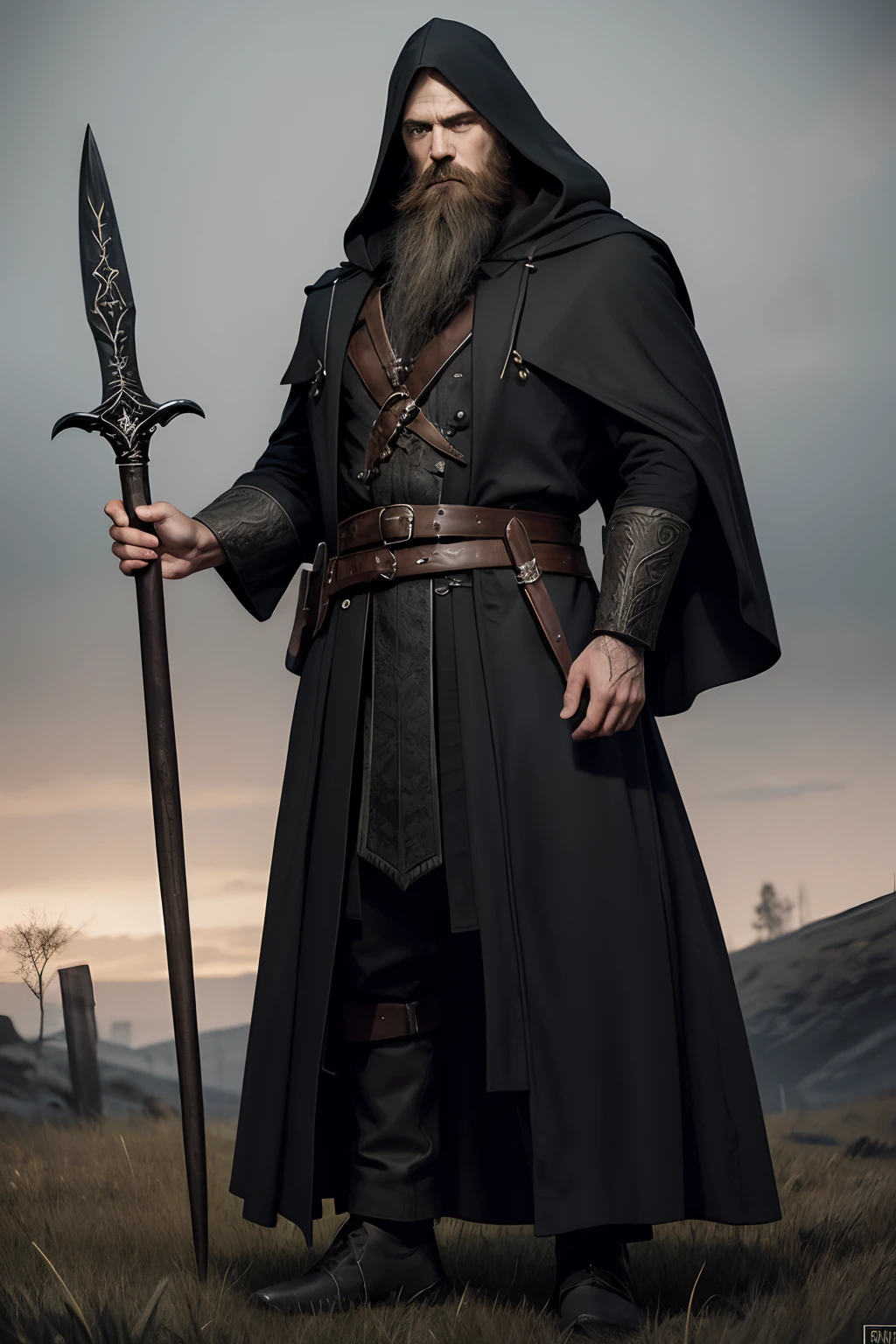 Hand drawn, Sombre, graveleux, realistic sketch, Mix of bold dark lines and loose lines, Lignes en gras, sur papier, bald wizard, rpg style, big coat with hair, long beard, knife on belt, wizard's staff in hand., corps entier, symboles elfiques, Runes, dark themed, Composition parfaite nombre d'or, tmasterpiece, Best quality, 4K, mise au point nette, meilleure main, anatomie parfaite, corps en entier, No background.