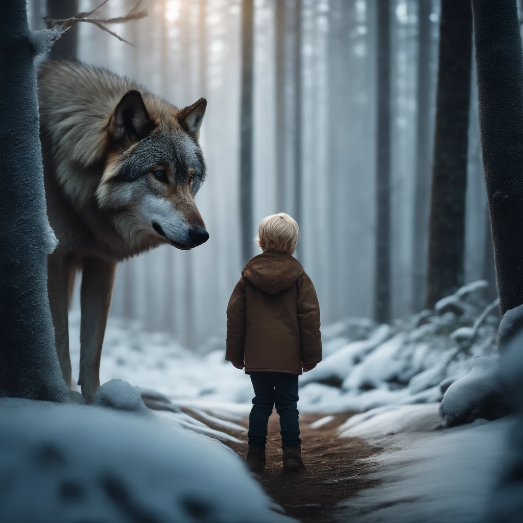 A realistic photo of a young, blonde-haired boy standing in a remote, icy forest, facing a brown wolf.