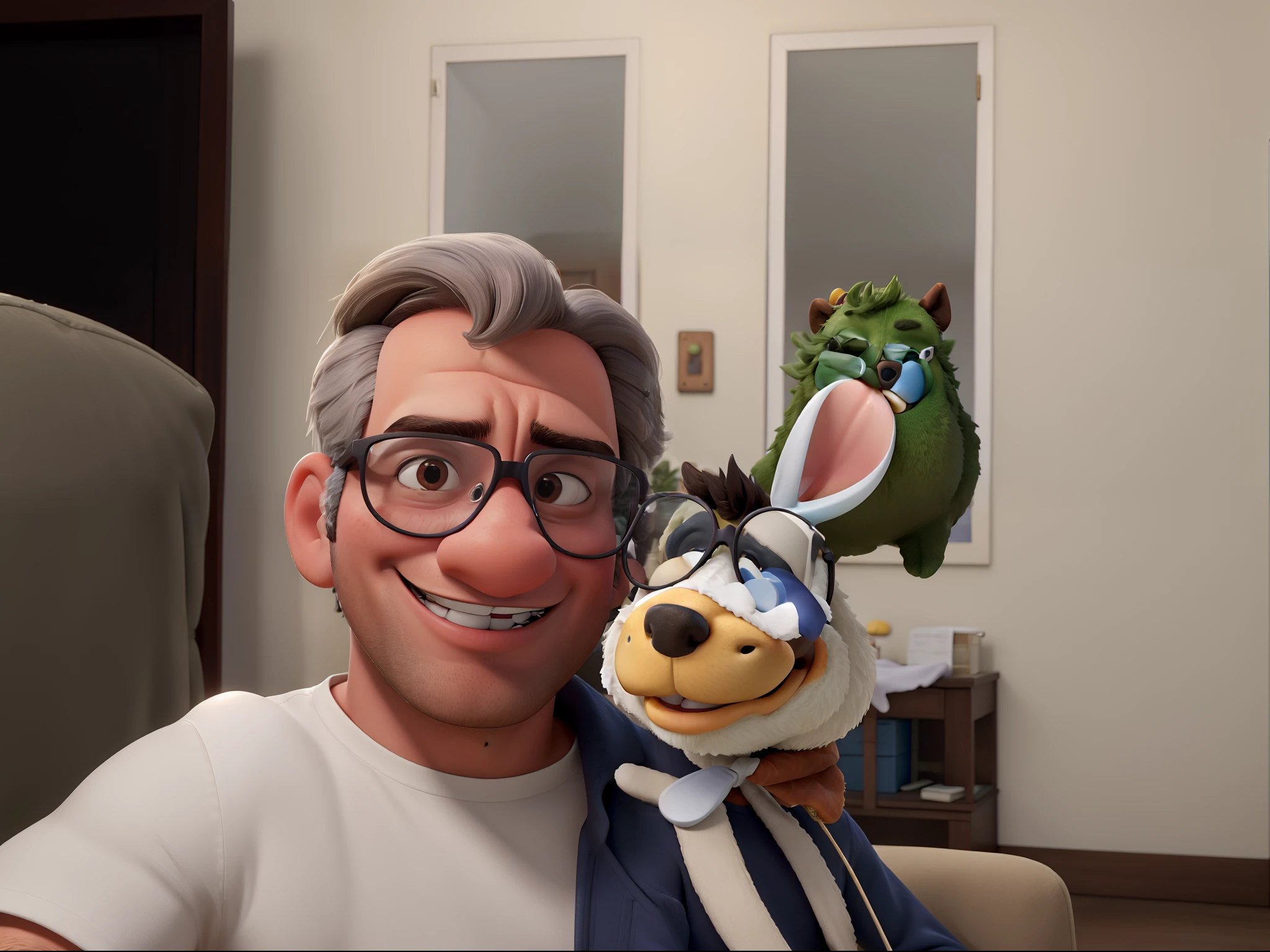 homem com cabelo grisalho e boca aberta, wearing glasses and holding a stuffed horse animal, no estilo disney pixar