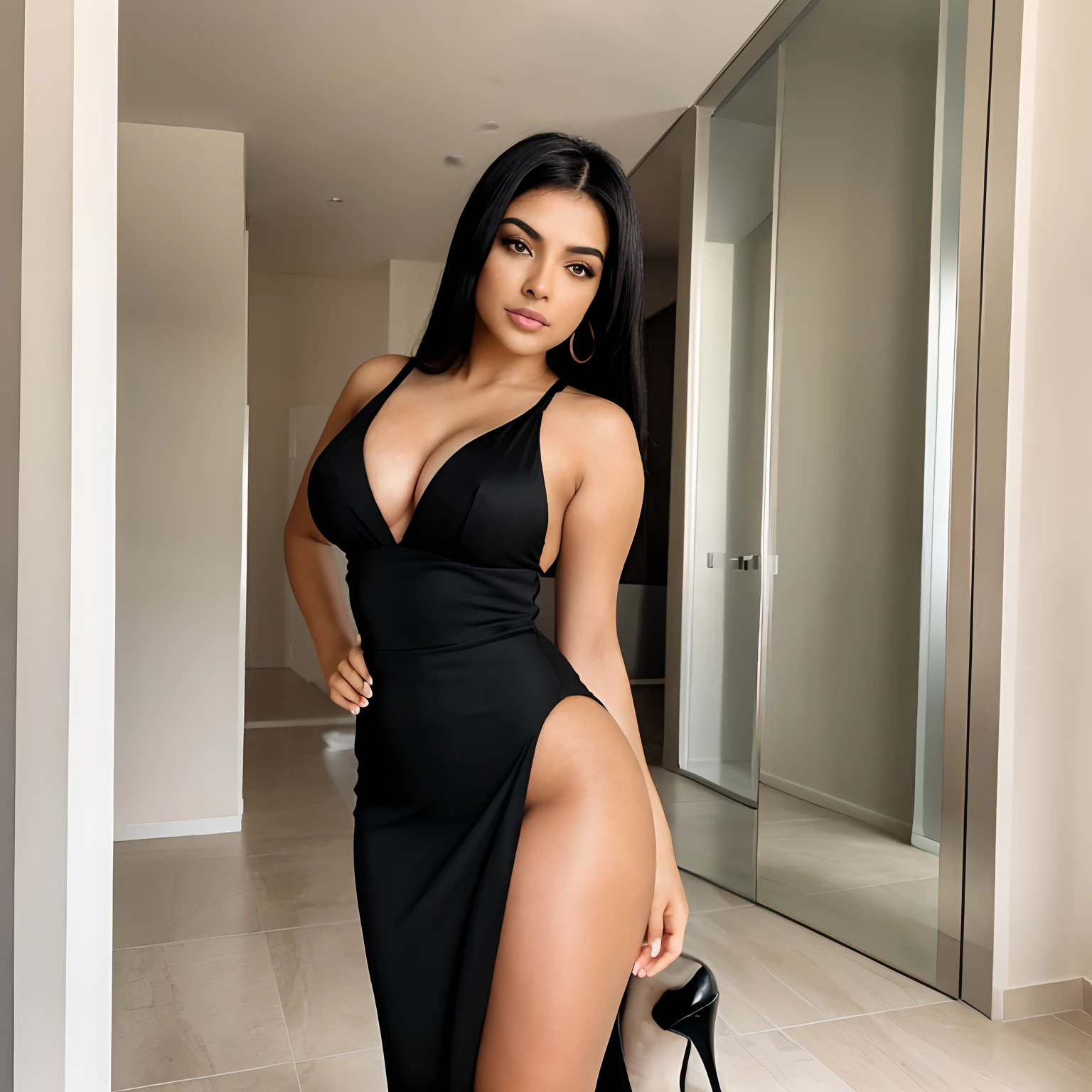 A beautiful 28 Yrs Old Mexican Hispanic Latina female, young, white skin tone, black hair. Eye Color is Brown, Busty, Curvy, sexy Body, standing, posing, comfortable, black gown, and high heels, luxury apartment setting, day time, photorealistic, very detailed, close-up