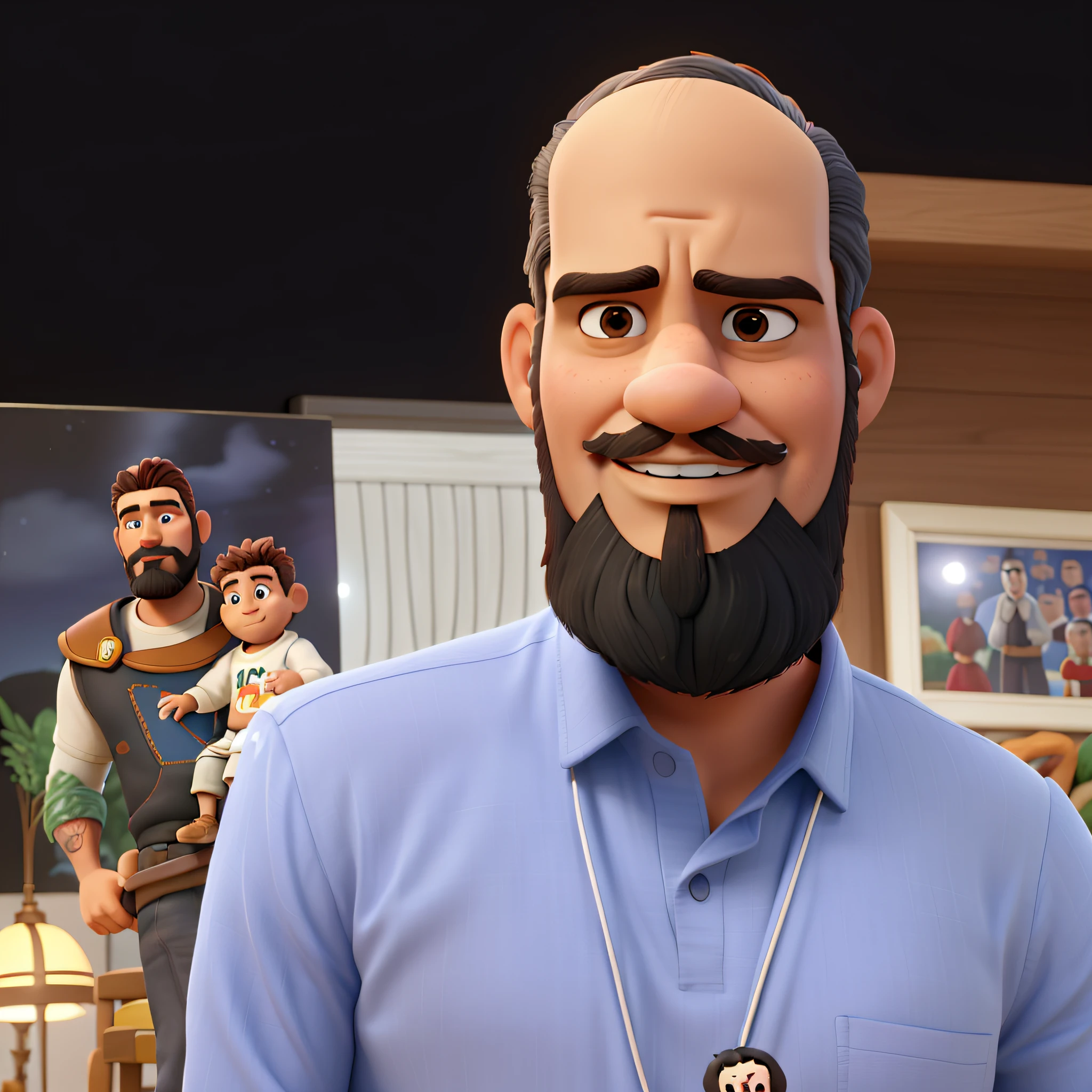 Homem moreno de barba preto, cabelos pretos, estilo disney pixar, in the background an image of St. Joseph with the Child Jesus on his lap, no fundo tem um quadro, alta qualidade, melhor qualidade