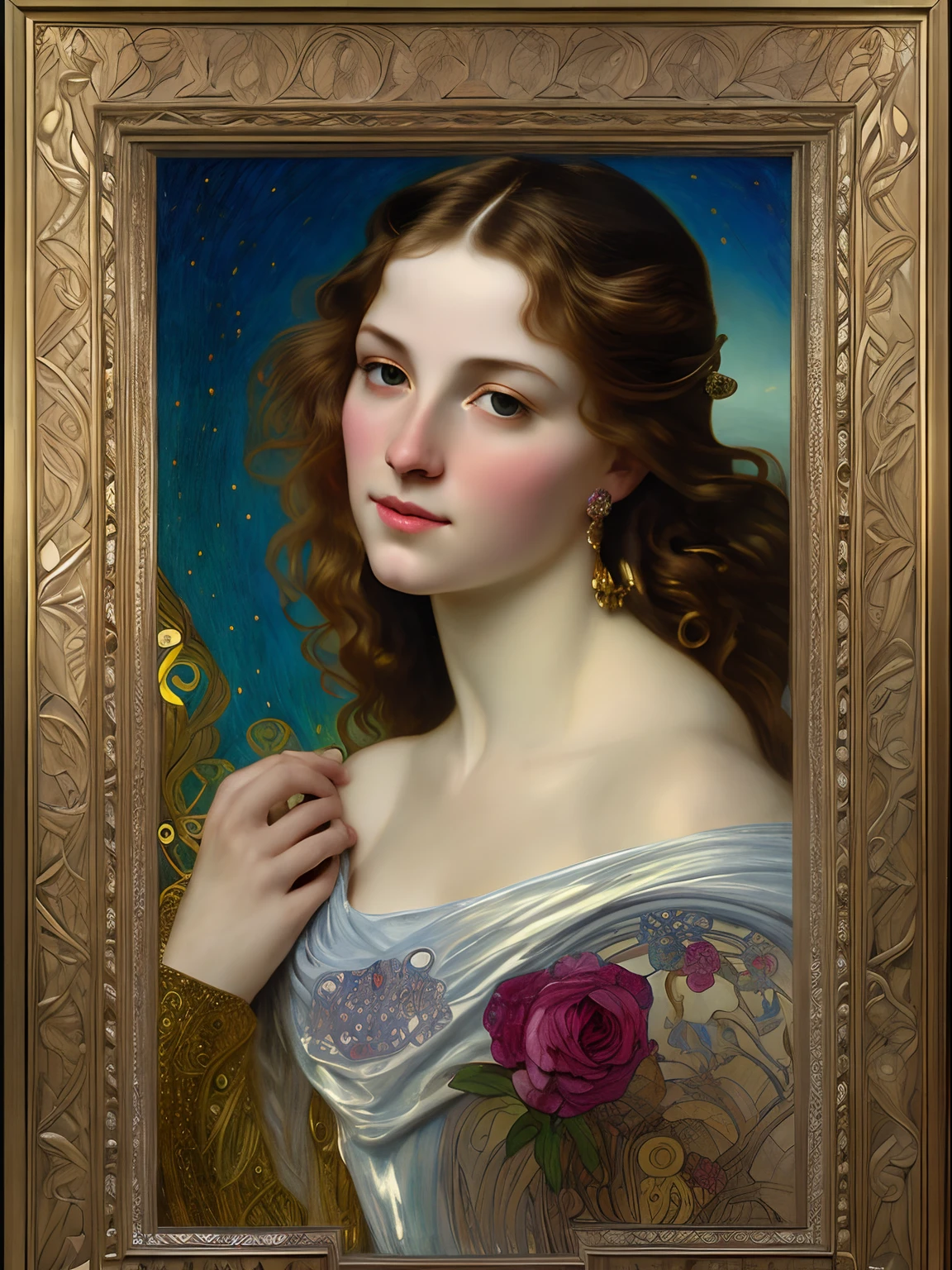high quality, super realistic, Envision a hyper-realistic composition that seamlessly integrates the exquisite detail of John Singer Sargent with the dreamlike elegance of Alphonse Mucha and Gustav Klimt, creating a heavenly beautiful woman's portrait where realism and Art Nouveau mystique converge, A striking woman is depicted against a backdrop of silvery swirling patterns inspired by Mucha's iconic silvery ornamental designs, The woman is adorned in flowing garments that echo Mucha's romantic style, with intricate patterns intertwining seamlessly with the hyper-realistic details of her attire, by yukisakura, highly detailed, in the style of shiny rhinestone crystals.