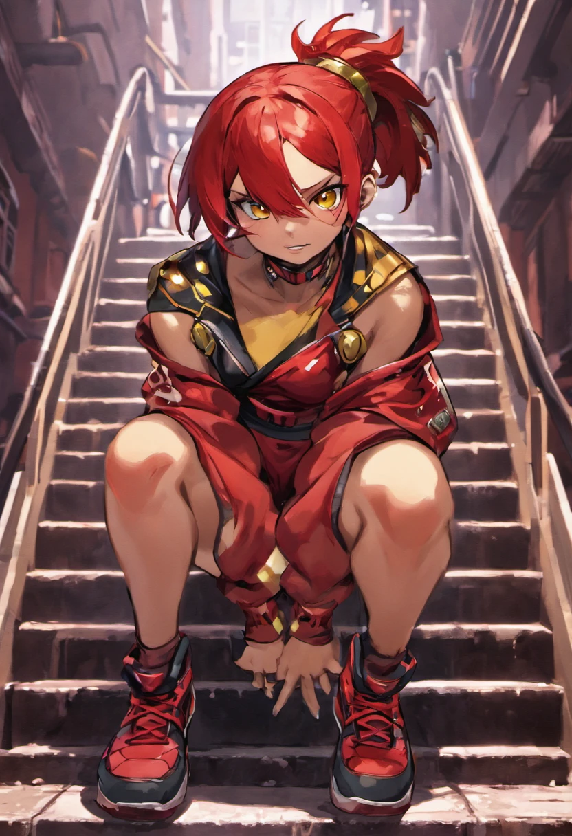 boa qualidade, personagem adolescente, cor de pele vermelha, horn on head , perna, Sitting on the stairs short hair tied back, olhos verdes, short gym,