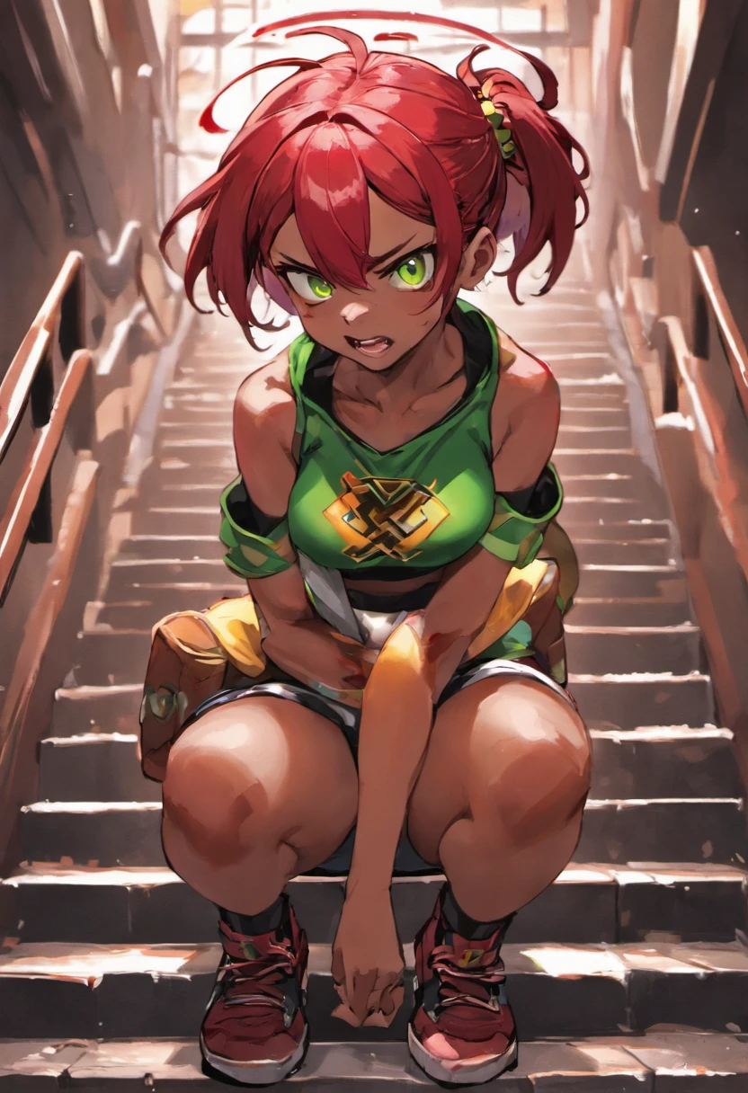 boa qualidade, personagem adolescente, cor de pele vermelha, horn on head , perna, Sitting on the stairs short hair tied back, olhos verdes, short gym,
