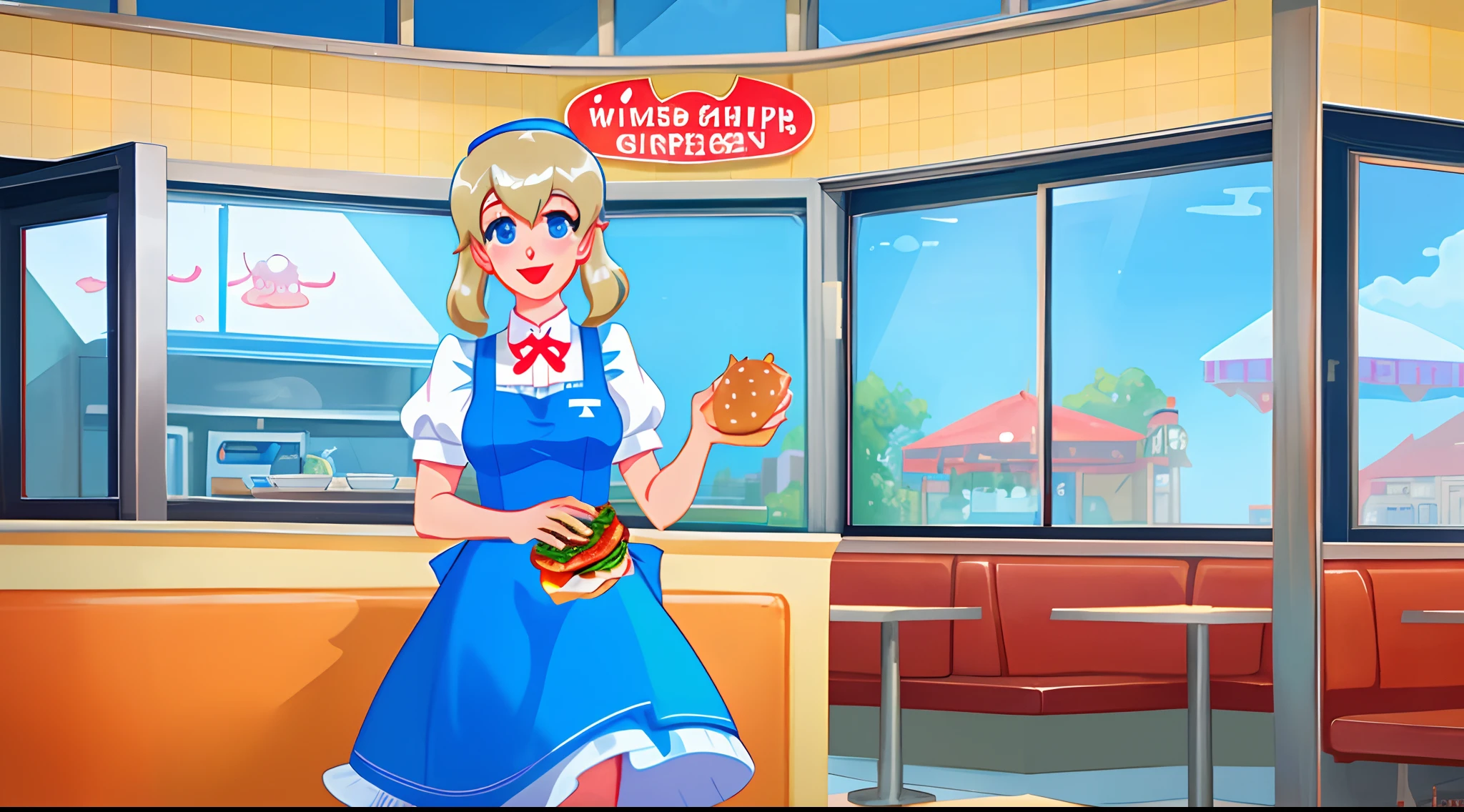 Waitress at hamburger shop in Disney pixar style