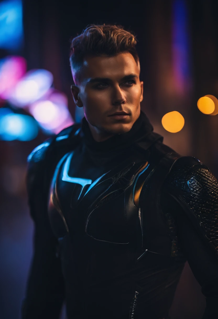 (extremely detailed photo of a man, loraelizabeth, cyberpunk, futuristic, cyberpunk bodysuit, 8k uhd, RAW photography, model photoshoot, detailed skin, skin imperfections, intense gaze, stylish pose, neon lighting, glowing cityscape, high contrast, edgy, sleek hairstyle, piercing eyes, metallic elements, urban environment)