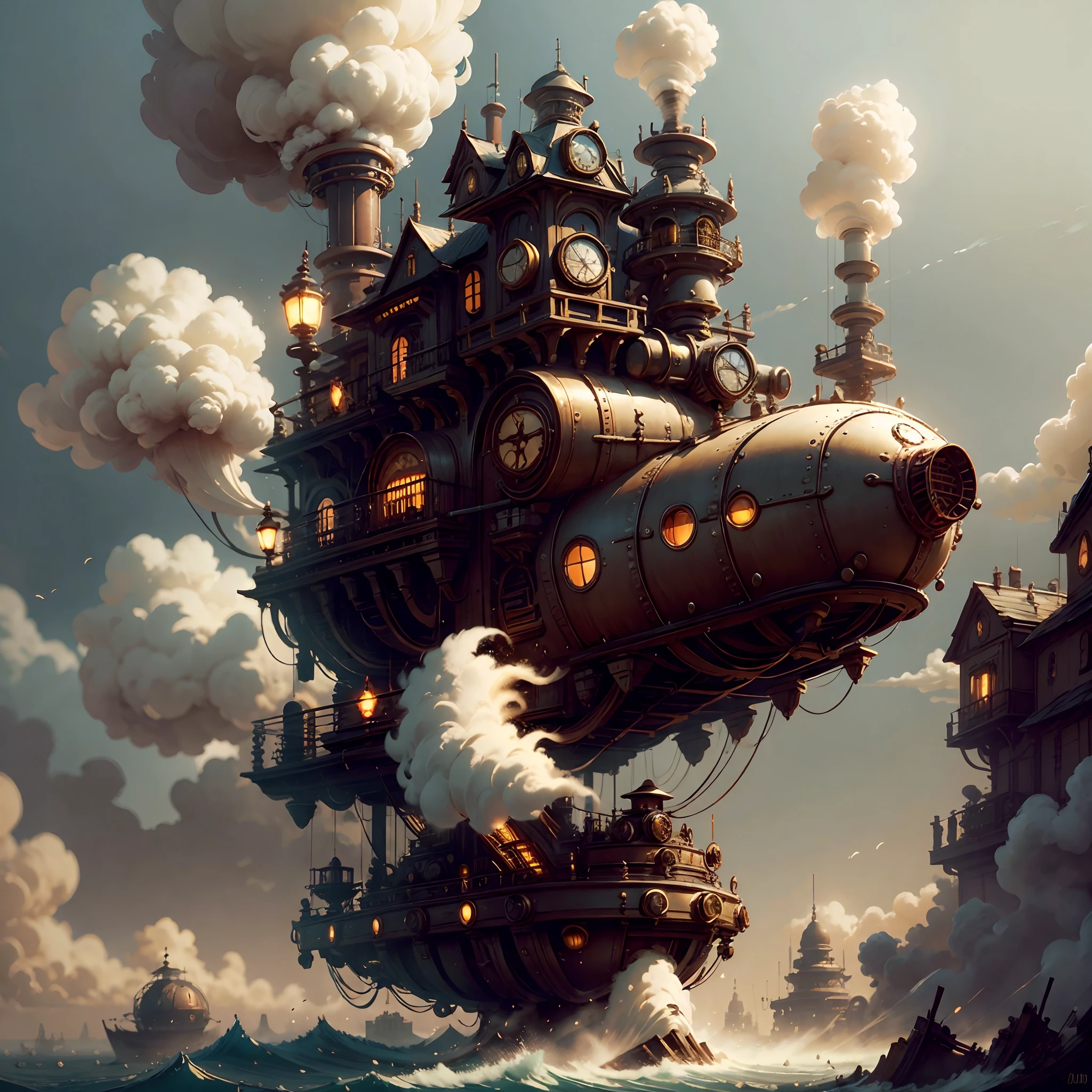 A steampunk-inspired floating island powered by steam engines. --auto