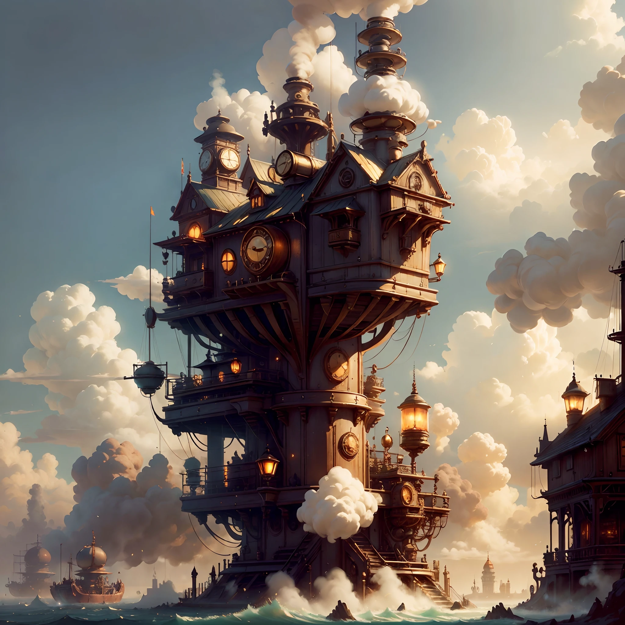 A steampunk-inspired floating island powered by steam engines. --auto