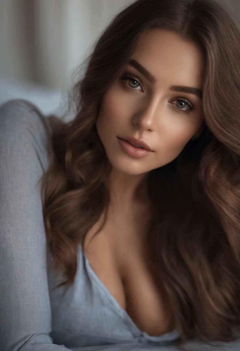 arafed woman fully , sexy girl with brown eyes, ultra realistic, meticulously detailed, portrait sophie mudd, brown hair and large eyes, selfie of a young woman, dubai eyes, violet myers, without makeup, natural makeup, looking directly at the camera, face with artgram, subtle makeup, stunning full body shot kneeling on bed, in bedroom, medium to large size bust