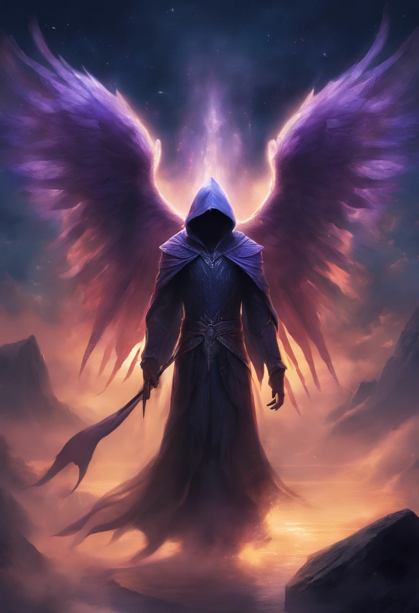 A high-fantasy horror portrait of a hooded shadowy celestial being with luminous spectral wings coming out of its back that are made completely of glowing light. He is surrounded by dark necrotic clouds, fog and mist. Eldritch energy.