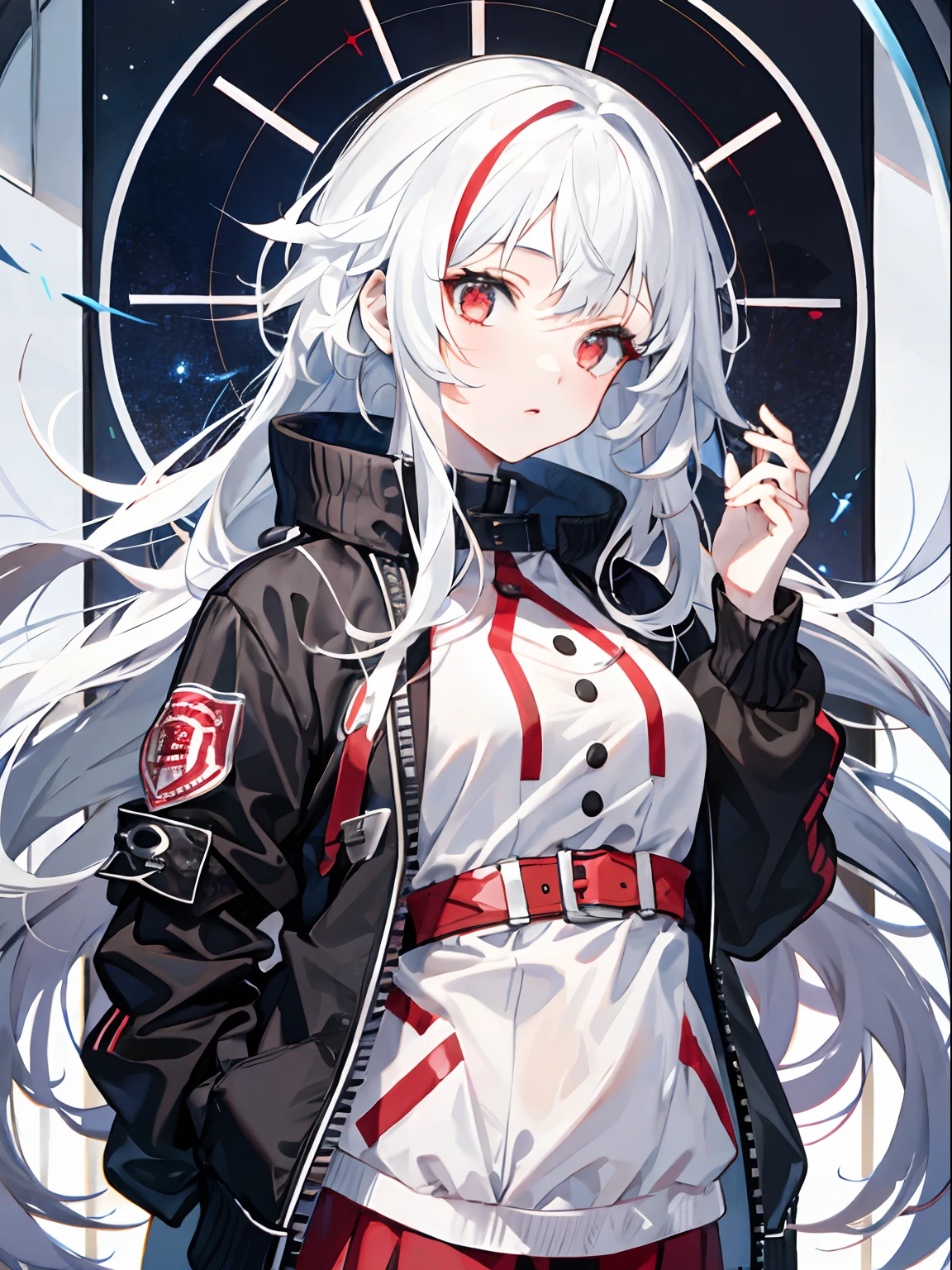 1girl, half red half white hair, straight hair, clock, bomber