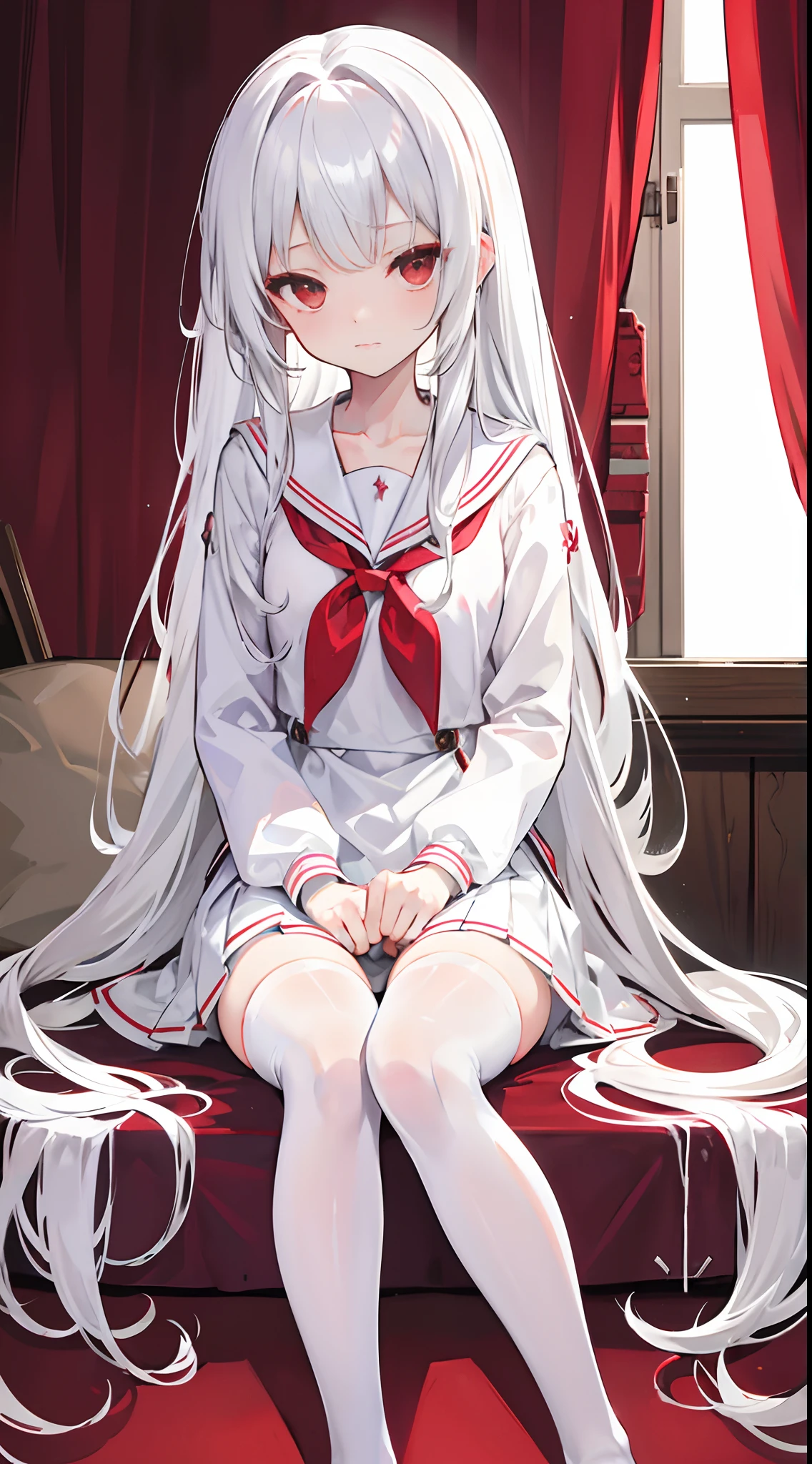 silver-white long hair，Broken hair curtain，Crystal red eyes，Off-white short-sleeved sailor uniform school uniform，a skirt，expressiveless，apathy，Sit in the infirmary，Wearing white stockings，Medium-sized girls