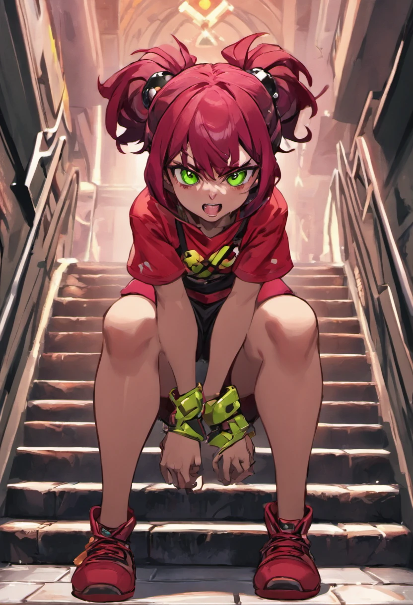 Anime，In a cage，whole body，With a disappointed expression on  face, Sticking out  tongue，Binding band，handcuffs，Hands bound by handcuffs from above，Limb restraint，Large chest，Bound，Chara ，canon ，fanon ，green striped sweater ，shorts ，red eyes ，brown hair ，short hair ，barefoot， Green thong ，blush ，locket ，scoop neck，Leg rings, ankle shackles, chains，collared ，saliva，squatting，spread legs apartwhite jacket，Collar，Opening on the clothes，Show chest muscles, show back muscles，Showcasing abdominal ，Sexy muscles，Muscles, abdominal muscles，toes，Floor tiles，Iron chains