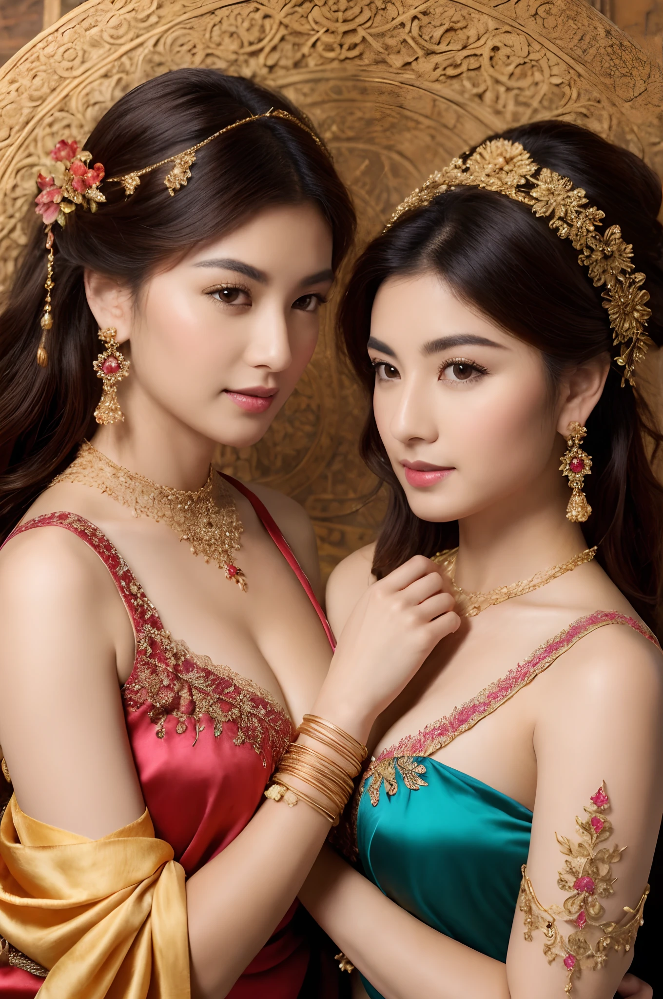 The proportions are the same for all races, All faces and pictures must be different,Portraits of two vibrant exotic goddesses,Silk lace,Embroidery,armlets, bangle:1.3,Ancient hair accessories,