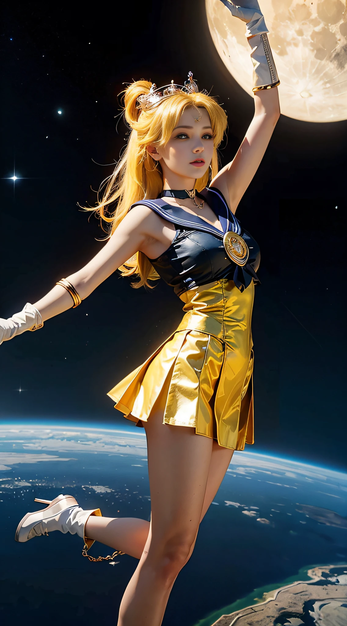 ((masterpiece:1.4)、(top-quality:1.4)、(reallistic:1.7))、masuter piece:1.4、a beauty girl、(Sailor Moon:1.4)、Tsukino Usagi、Body Fit Sexy Sailor Senshi Uniform、(latex shiny)、(The jacket is a white sleeveless sailor suit)、(Skirt Blue Sexy Ultra Ultra Pleated Mini Skirt)、The collar of the sailor suit is blue with two thin lines.、high leg swimsuit、Red cloth ornament at chest、(Wearing white gloves)、Kawaii Girl、Super beauty、foco nítido、Portrait photos、Upper body photography:1.4、beautiful countenance、beautidful eyes、Narrow waist、beauty legs、(yellow hair:1.4)、(length hair:1.2)、Beautiful udder、large full breasts:1.2、Sexy ass、Raw photo、red-lips、Red high heels:1.4、a choker:1.4、a necklace:1.4、耳Nipple Ring:1.4、Luxurious Golden Tiara:1.4、1 screen display、a moon、kosmos、spaceships、A space station、City of the Future