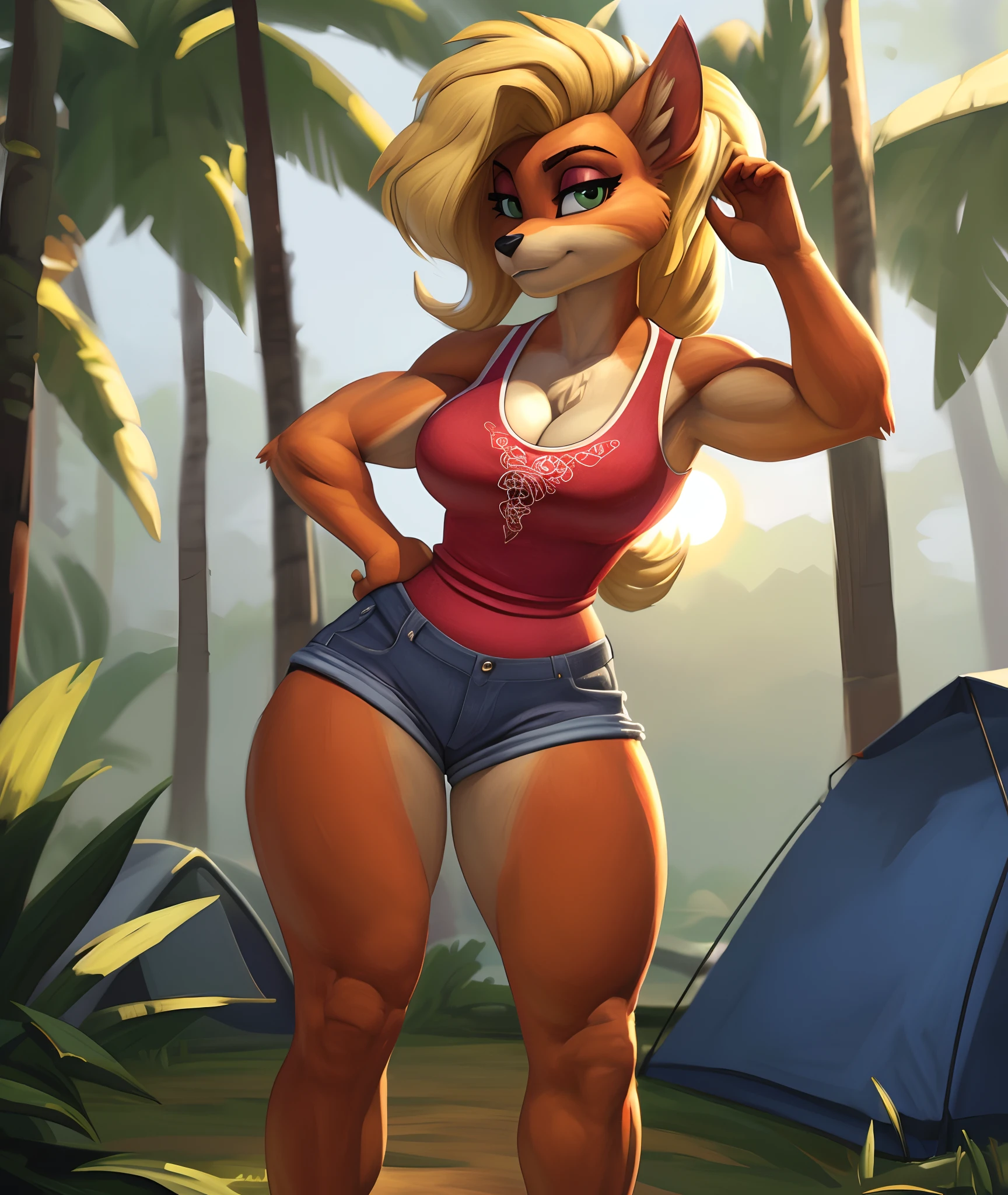 [originaltawna], [Uploaded to e621.net; (Pixelsketcher), (wamudraws)], ((masterpiece)), ((HD)), ((solo portrait)), ((full body)), ((furry; anthro)), ((detailed fur)), ((detailed shading)), ((beautiful render art)), ((intricate details)), {anthro; (slim figure), orange fur, black nose, beautiful green eyes, (red eyeshadow), blonde hair, long curly ponytail, (curly bang), (gorgeous wide hips), (thick thighs), (beautiful legs), (defined muscles), (expressionless)}, {(red tank top), (cleavage), (tight blue denim short shorts), red sneakers)}, {(standing), (hands on hip), (hand in hair), (looking at viewer)}, [background; (tropical forest), (campsite), (tent), (campfire), (blue sky), (sun rays)]